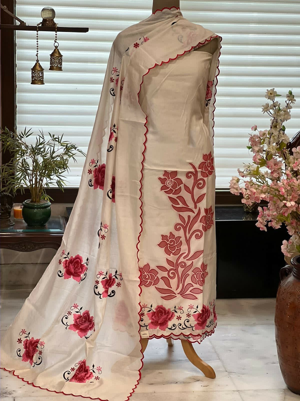 ATHARVA Hand Embroidery Salwar Kameez/Chanderi Cut-Work Shirt & Dupatta/Santoon Bottom/RED/Custom Stitch Unstitch/Plazo/Pant/CUT8099
