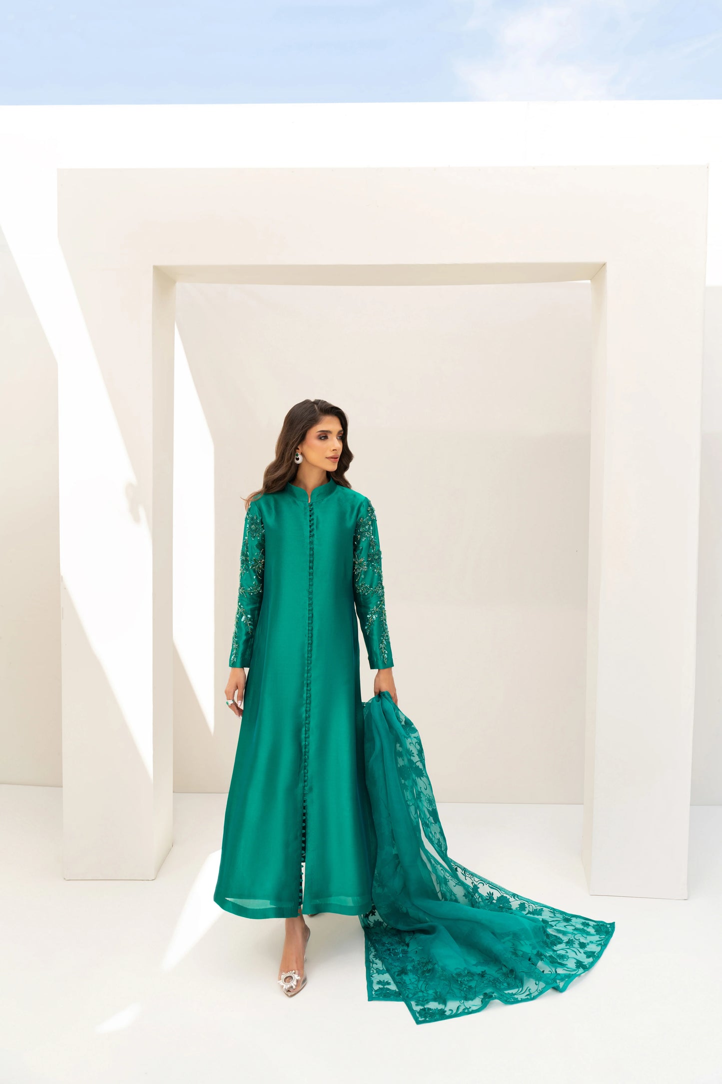 Enchanting Elegance: Pure Satin Silk 80 Grams Pakistani jacket Suits Adorned with Exquisite Hand embroidered Embroidery CO005