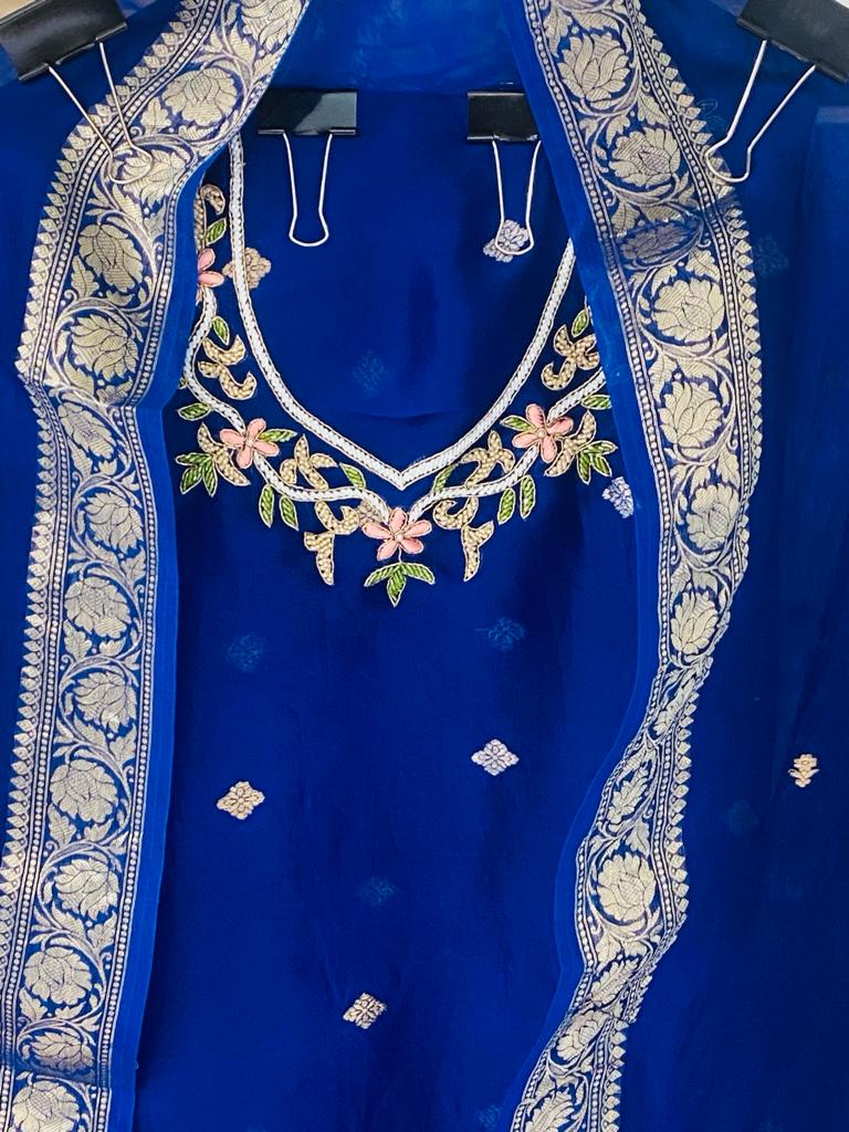Husn Electric Blue kora silk hand embroidered suit set KS001