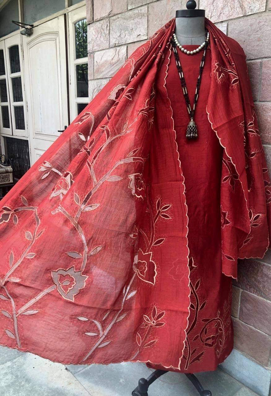 ATHARVA Cutwork Embroidery Salwar Kameez/Chanderi Cut-Work Shirt & Dupatta/Santoon Bottom/Custom Stitch Unstitch/Plazo/Pant/CUT81058