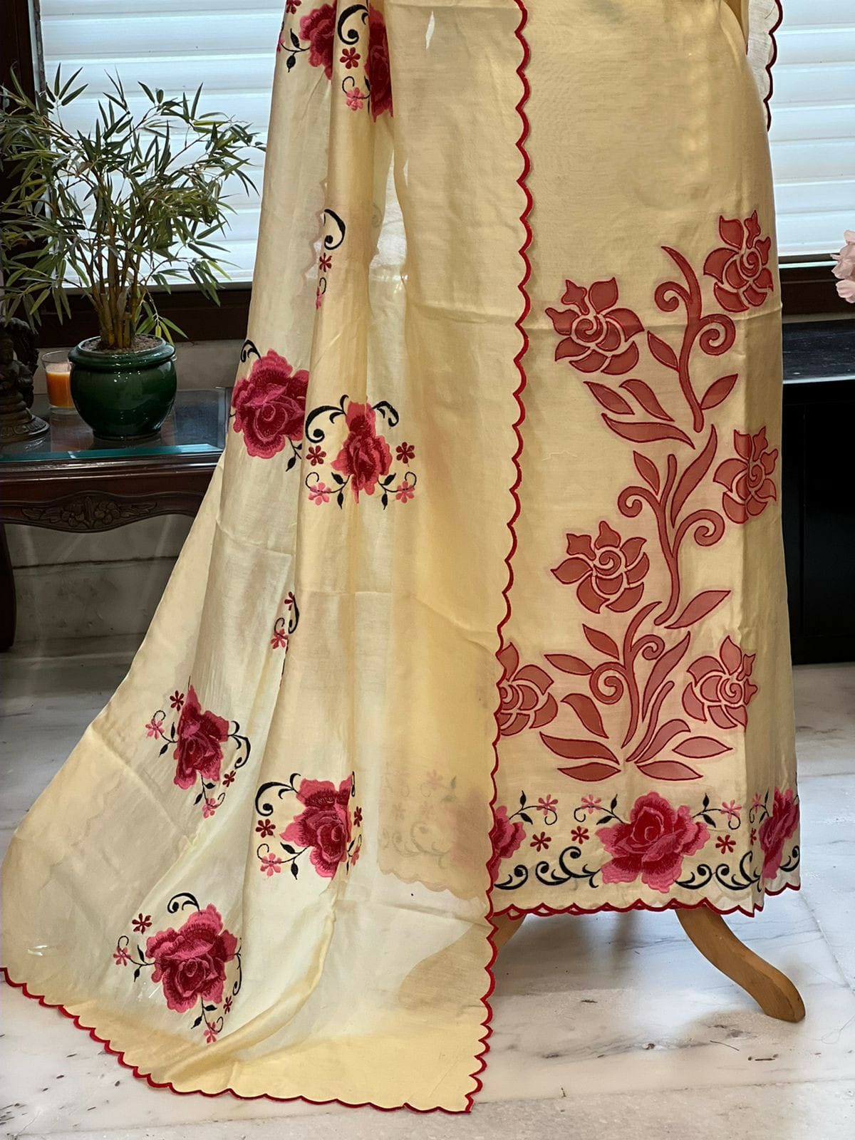 ATHARVA Hand Embroidery Salwar Kameez/Chanderi Cut-Work Shirt & Dupatta/Santoon Bottom/RED/Custom Stitch Unstitch/Plazo/Pant/CUT8099