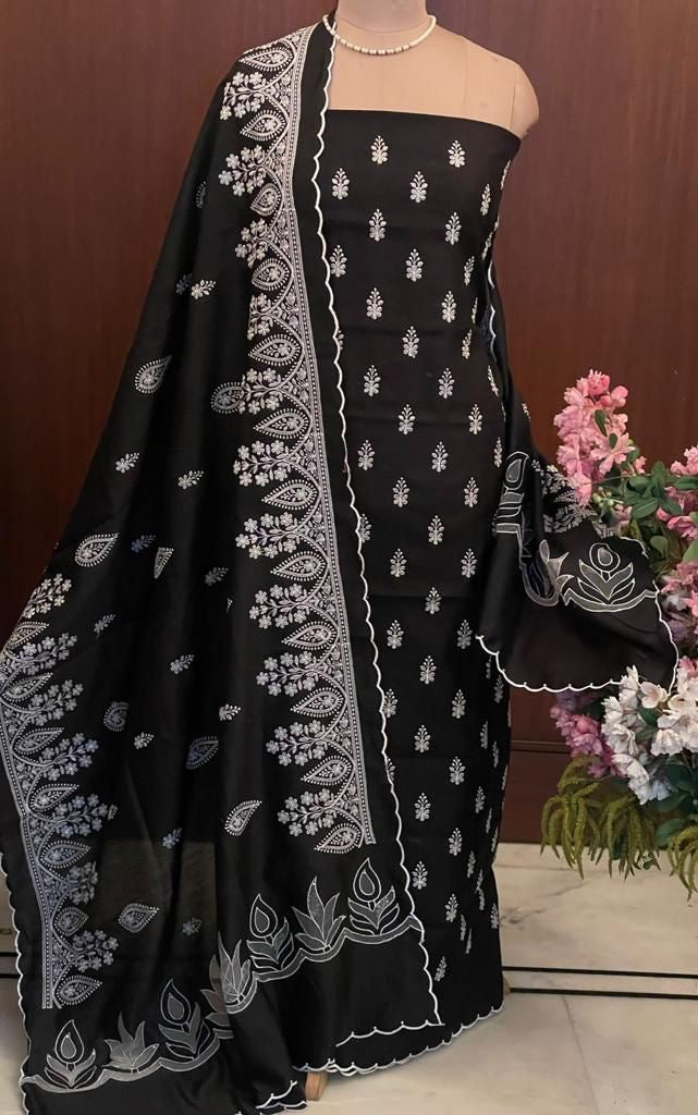 PURE CHANDER SILK PARSI GARA SUIT with Cutwork on width CH5419 Black and white