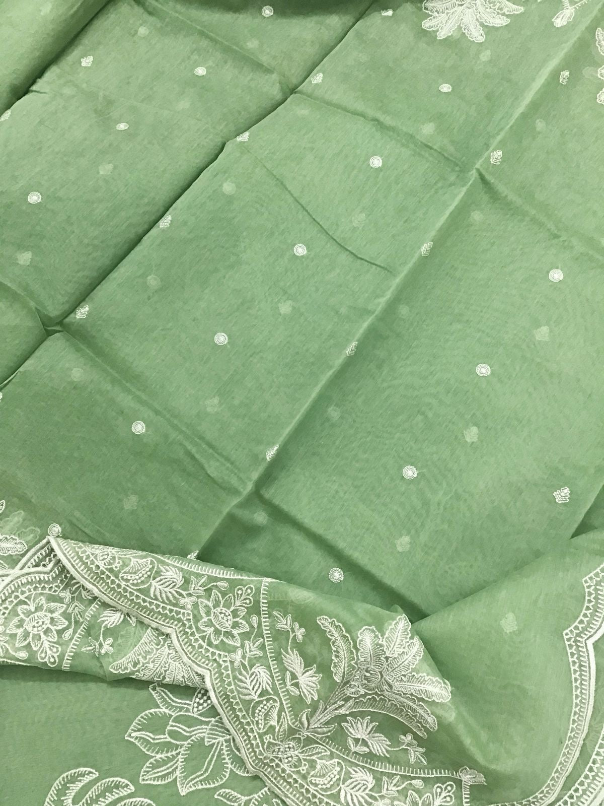 PURE MUL CHANDERI kurta AND Dupatta PARSI GARA UNSTITCHED SUIT CH54237G Green