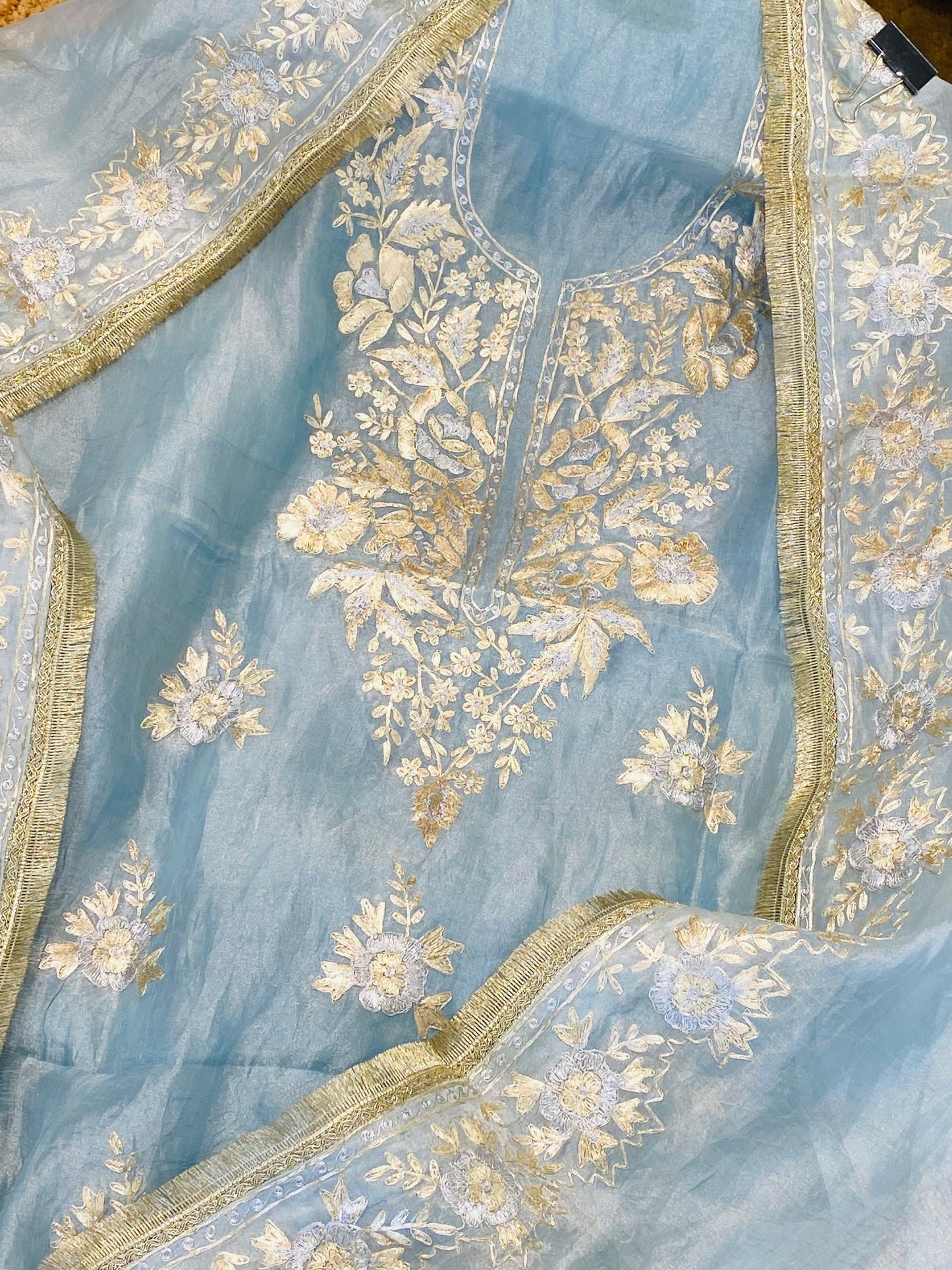 Husn ICE BLUE DAIMOND TISSUE INTRICATELY HAND WOVEN /MAHARANI LUXURY TISSUE SILK SUIT MTC009(Blue)
