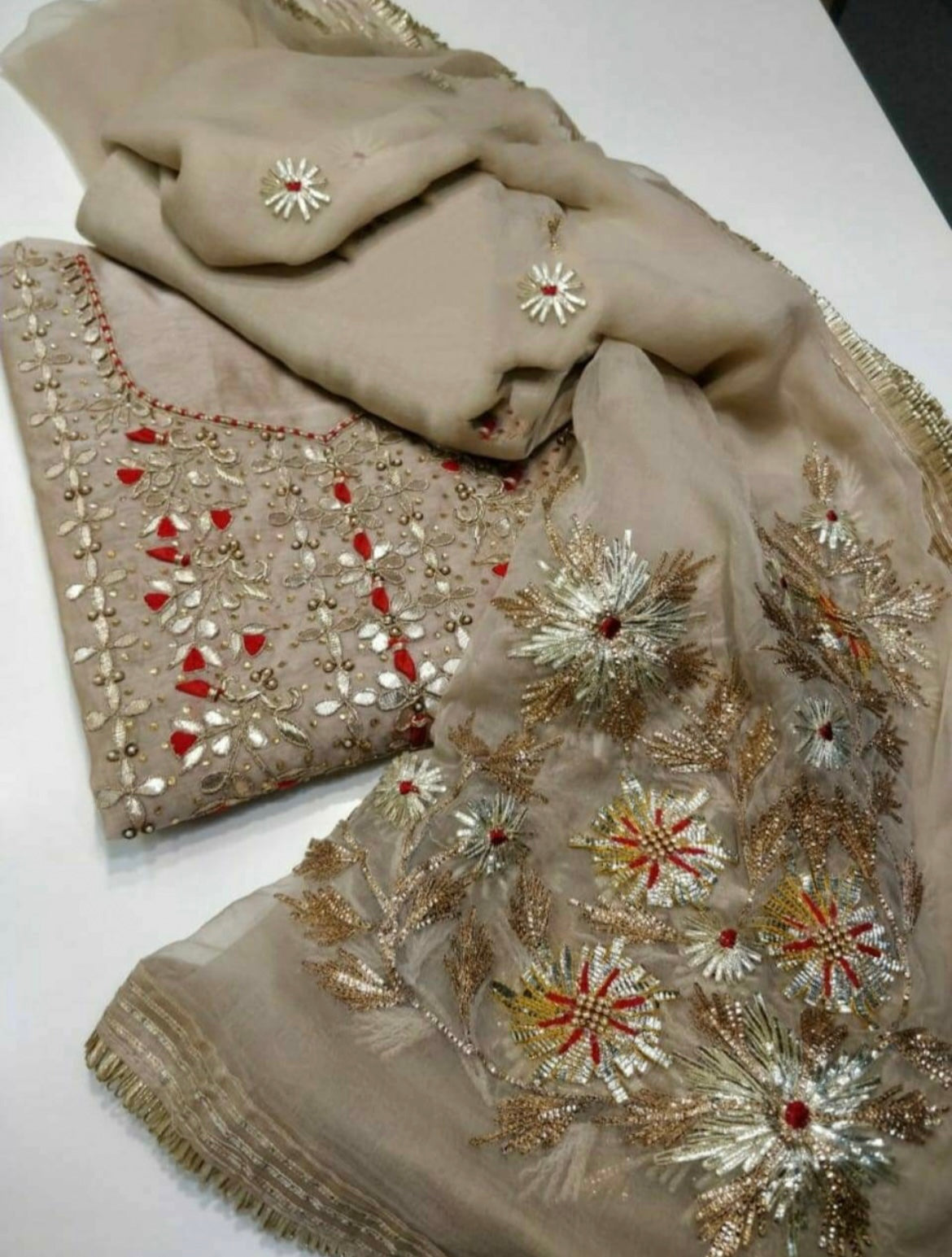 ATHARVA Hand Embroidered Salwar Kameez w/Mouse Color Chanderi Shirt/Gota Pati Chiffon Dupatta/Custom Stitch Unstitch/Custom Anarkali/CH1801