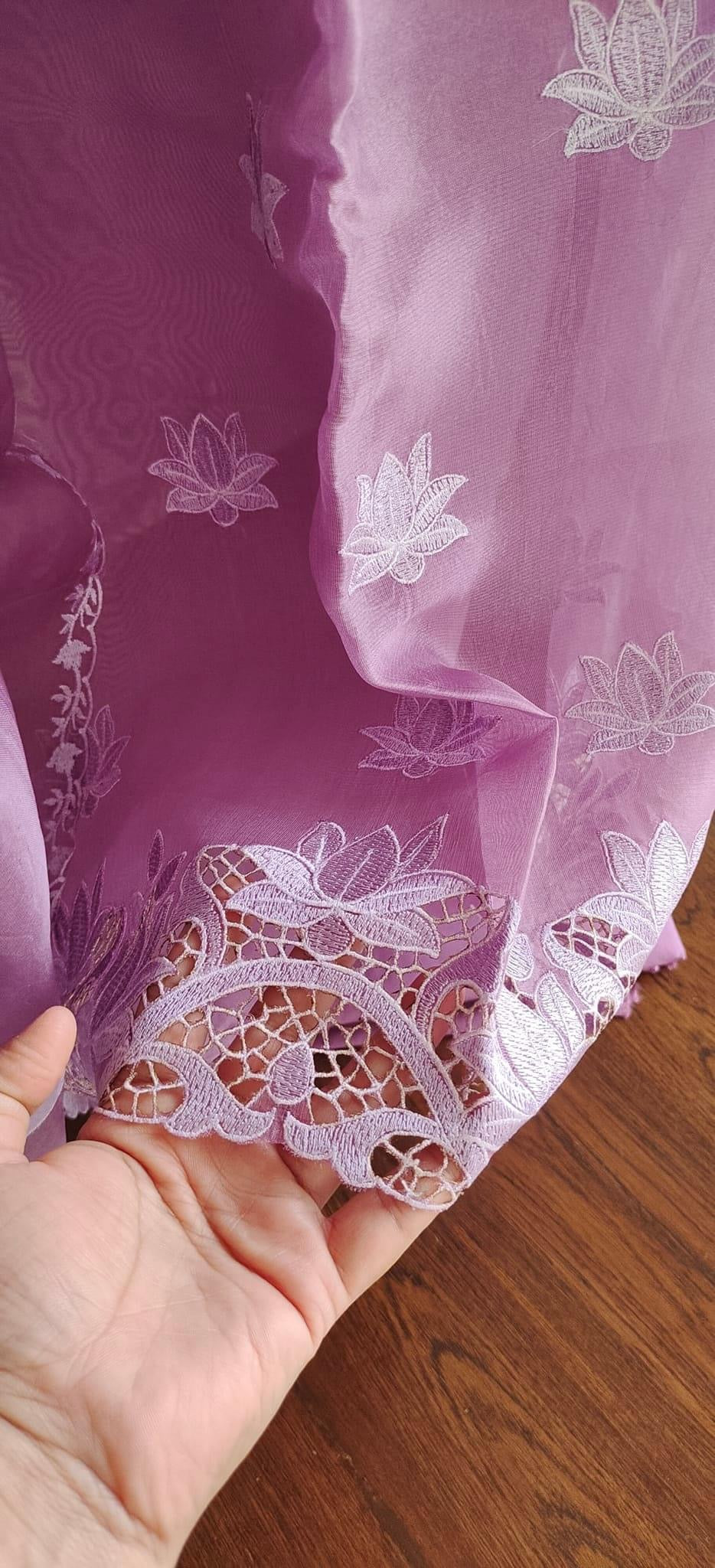 Atharva Heritage/SHEER LUXURY PURE SILK ORGANZA APPLIQUE SUIT SHEER0011LAVENDER