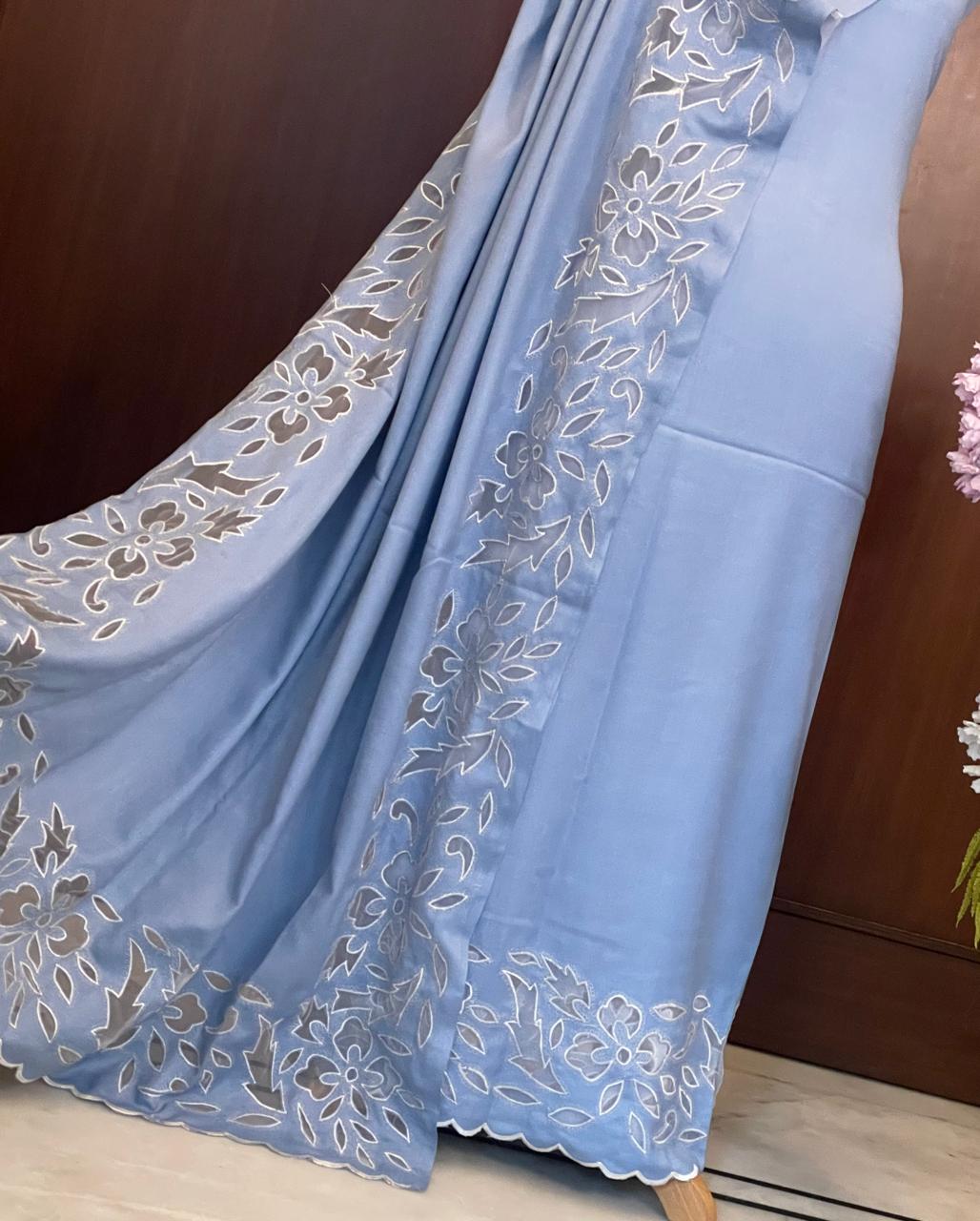 ATHARVA Hand Cutwork Salwar Kameez/PURE Mulmul Cut-Work/Applique Shirt & BOTTOM/PURE Mulmul DUPATTA/Custom Stitch Unstitch/Plazo/Pant/ CUT8051 Blue