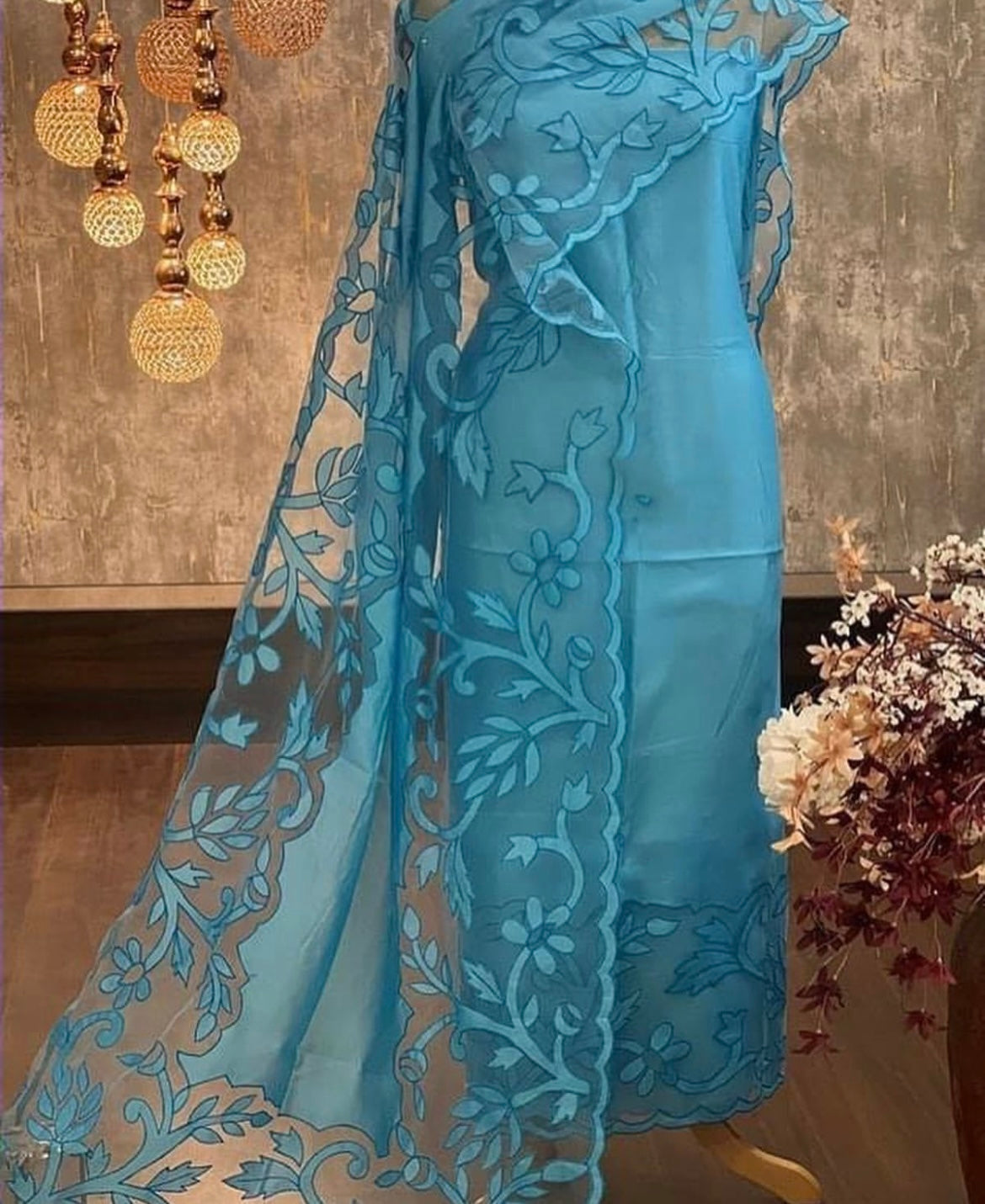 ATHARVA Cutwork Embroidery Salwar Kameez/Chanderi Cut-Work Shirt & Dupatta/Santoon Bottom/Custom Stitch Unstitch/Plazo/Pant/CUT81060 Blue