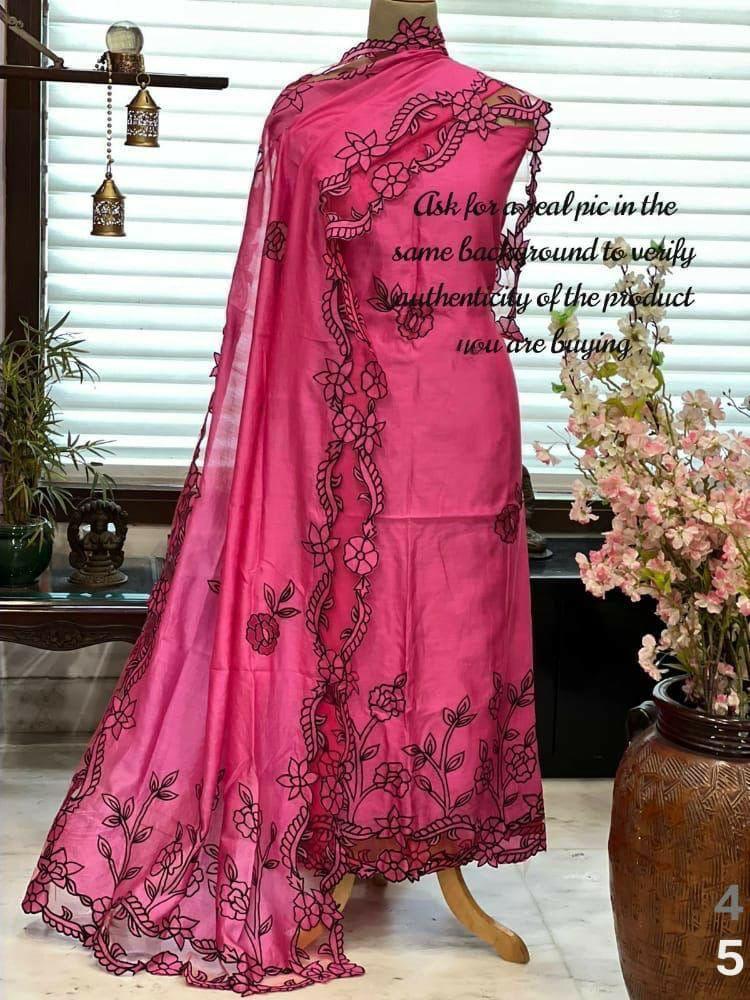 ATHARVA Hand Embroidery Salwar Kameez/Chanderi Cut-Work Shirt & Dupatta/Santoon Bottom/Custom Stitch Unstitch/Plazo/Pant/CUT8029
