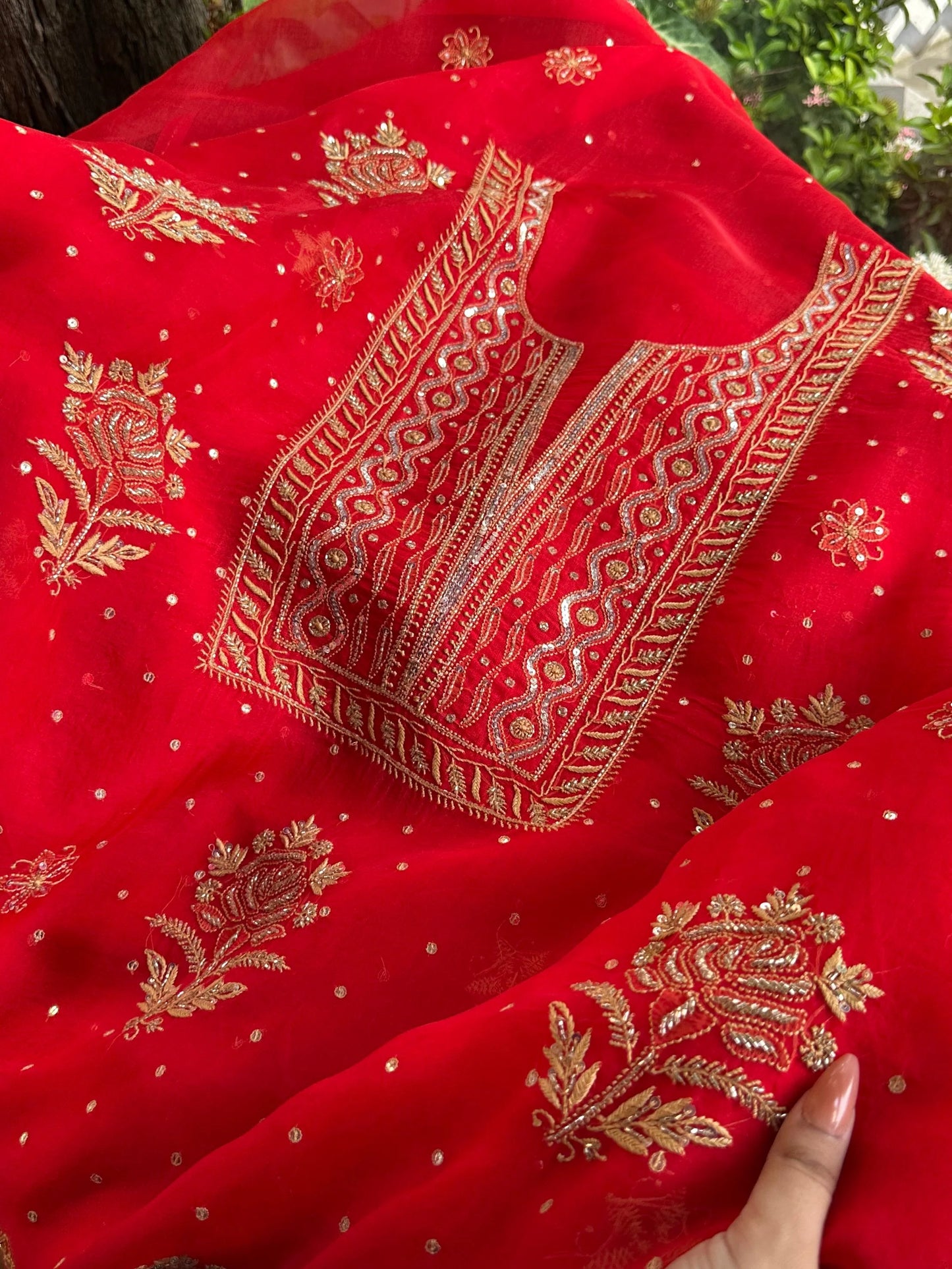 Atharva Heritage Red Noor Organza Silk Chikankari Unstitched Kurta Dupatta Set SL89000646