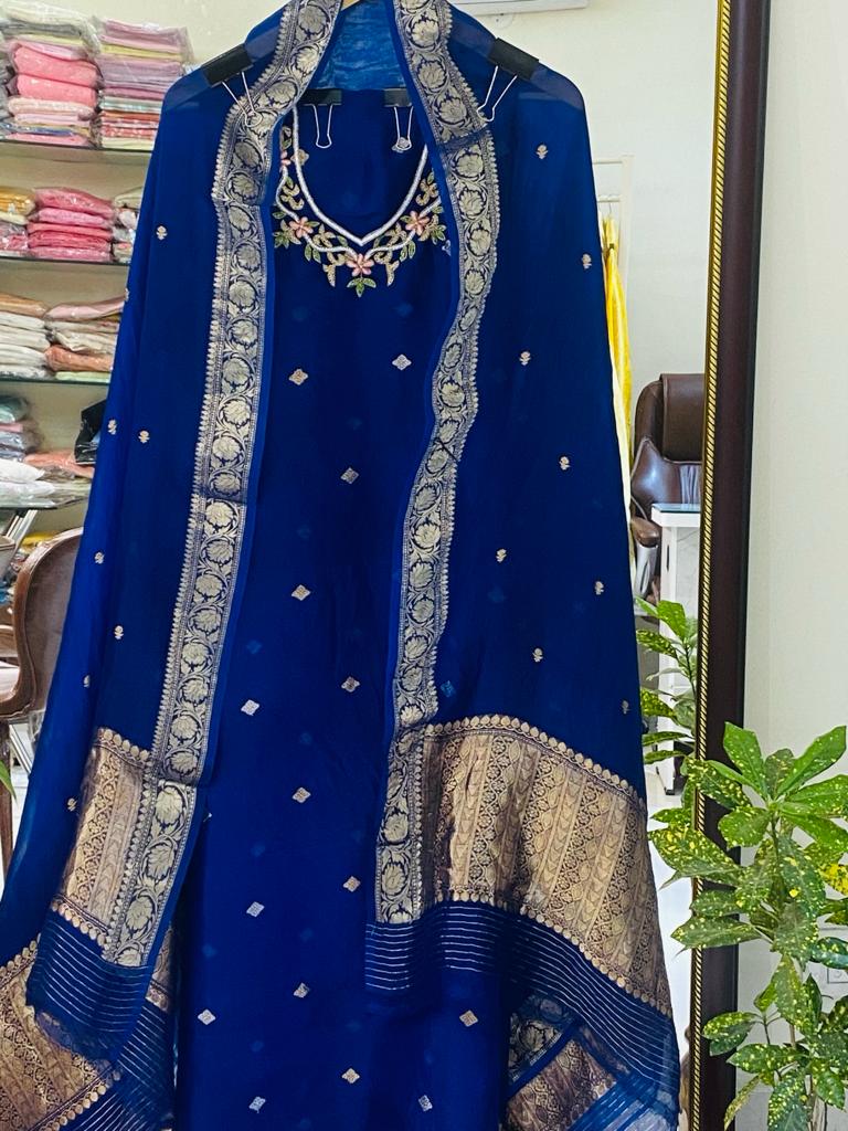 Husn Electric Blue kora silk hand embroidered suit set KS001