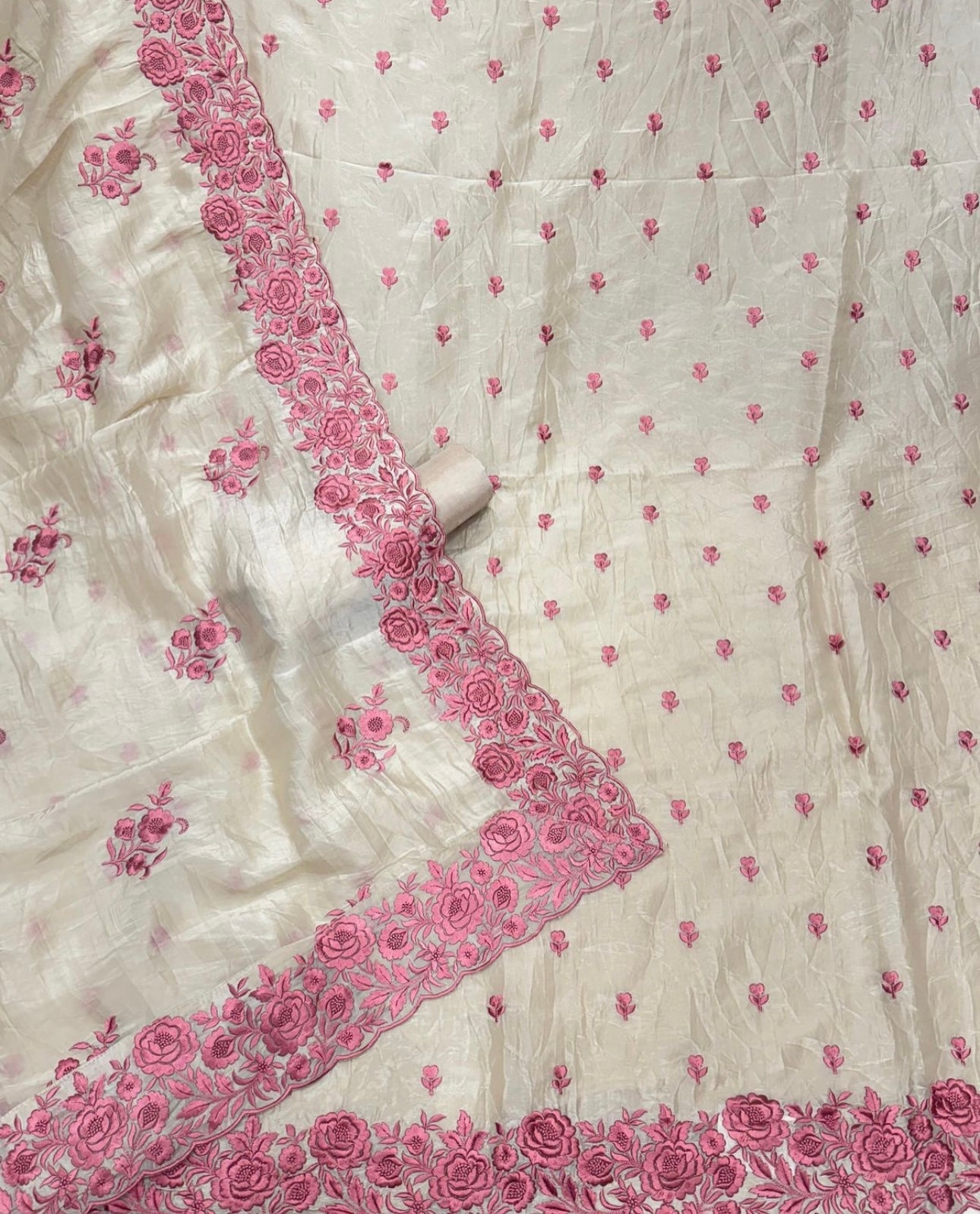 PURE MUL CHANDERI kurta AND Dupatta PARSI GARA UNSTITCHED SUIT CH54236 Ivory and Dusty Pink