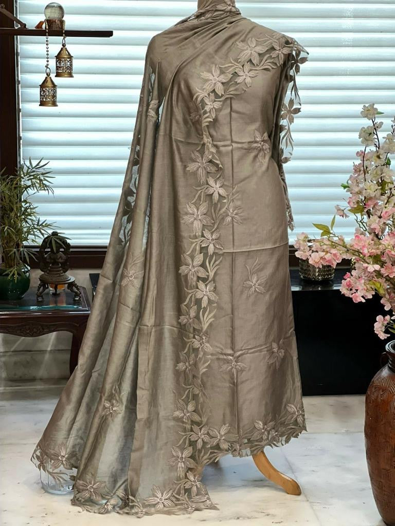 ATHARVA Hand Embroidery Salwar Kameez/Chanderi Appliqué -Work Shirt & Dupatta/Santoon Bottom/Custom Stitch Unstitch/Plazo/Pant/CUT8030