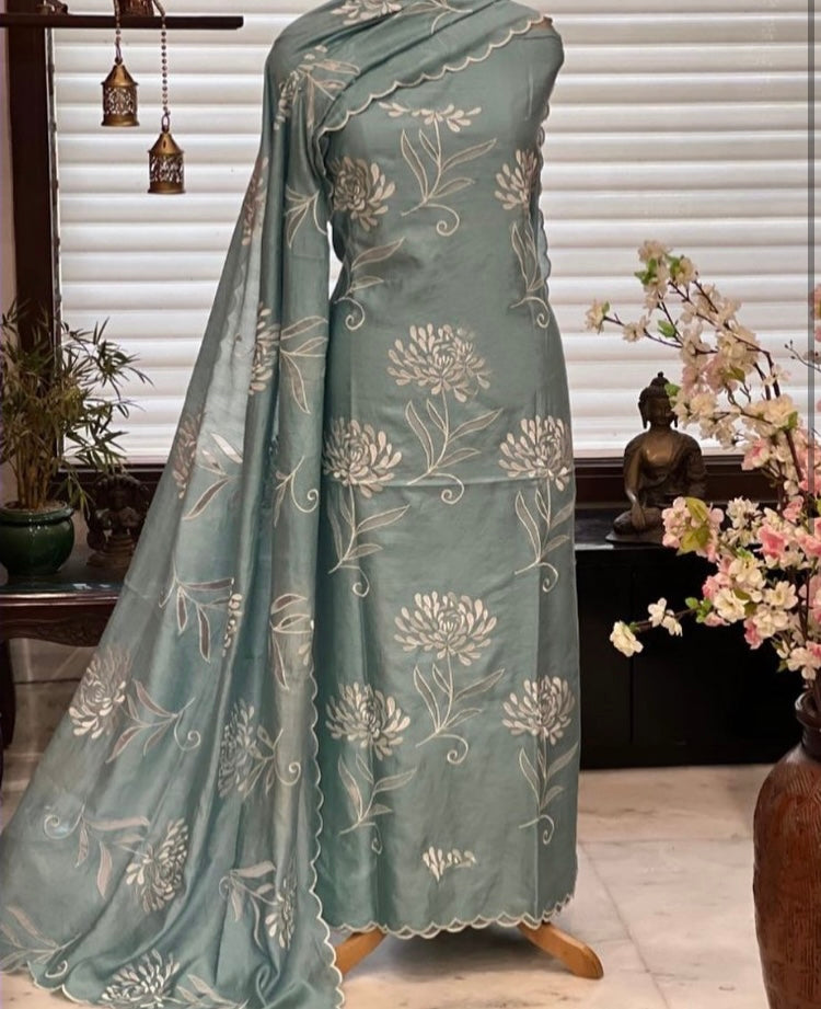 ATHARVA Applique Embroidery Salwar Kameez/Chanderi Cut-Work Shirt & Dupatta/Santoon Bottom/Custom Stitch Unstitch/Plazo/Pant/CUT8118