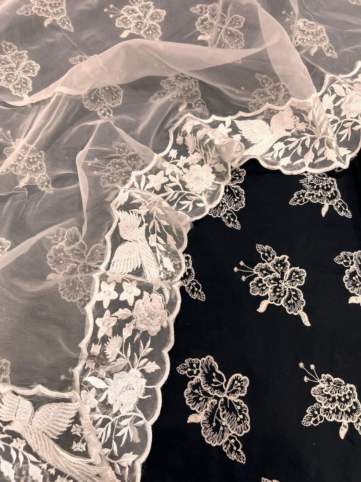 Atharva Heritage Pure Chanderi Silk 70 Gram with Pure Silk Organza Parsi Gara Suit CHP002 Black and White