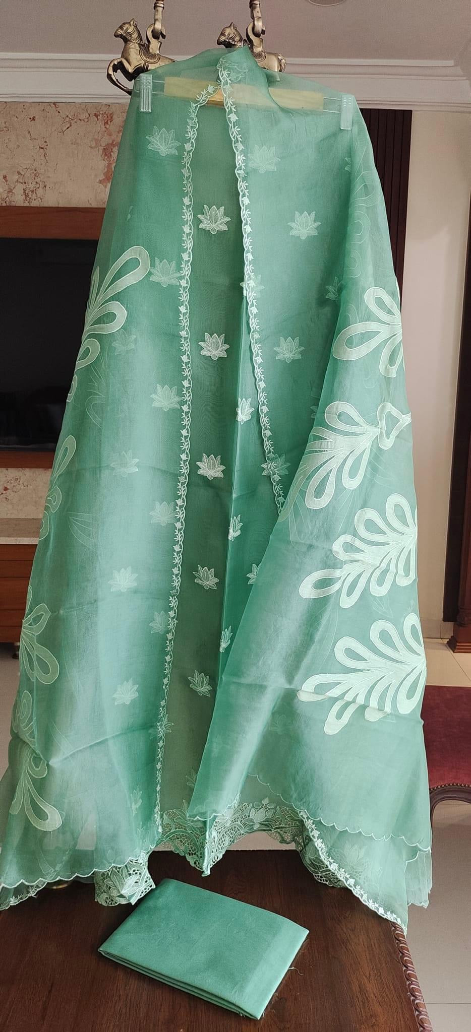 Atharva Heritage/SHEER LUXURY PURE SILK ORGANZA APPLIQUE SUIT SHEER0011GREEN