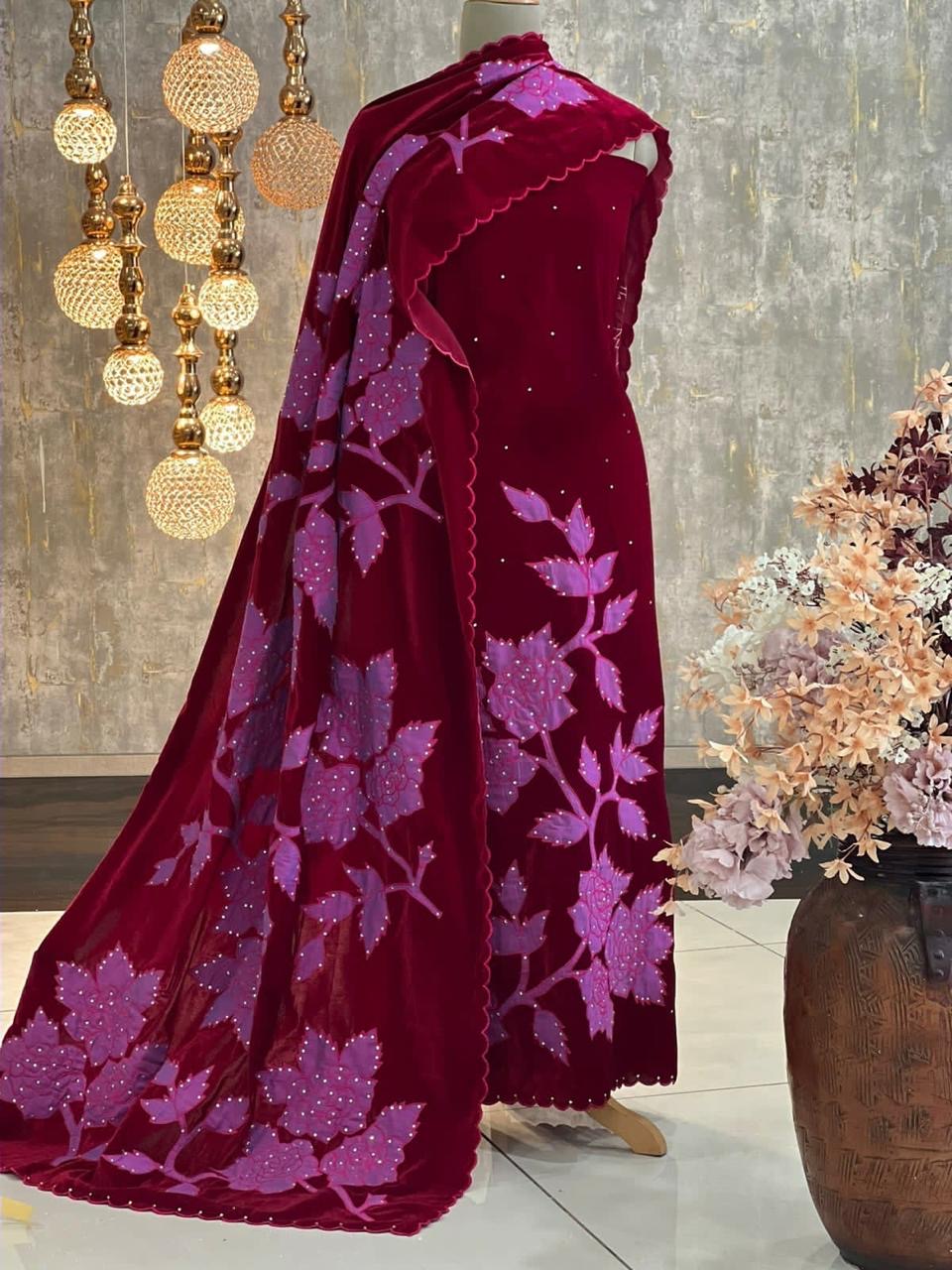 ATHARVA Applique Embroidery Salwar Kameeiz/Velvet Cut-Work Shirt & Dupatta/Velvet Bottom/Custom Stitch Unstitch/Plazo/Pant/VC8136