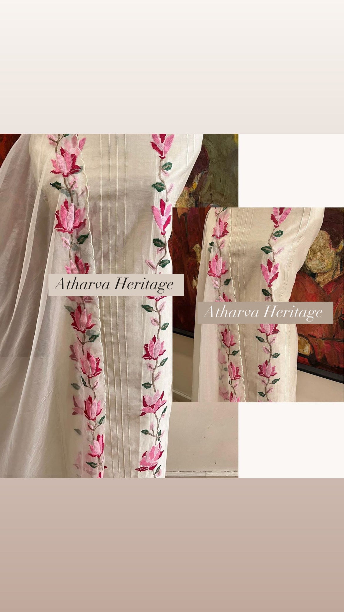 ATHARVA HERITAGE PURE CHANDERI SILK AND ORGANZA KURTA DUPATTA / CROSS STITCH EMBROIDERY CHO0013