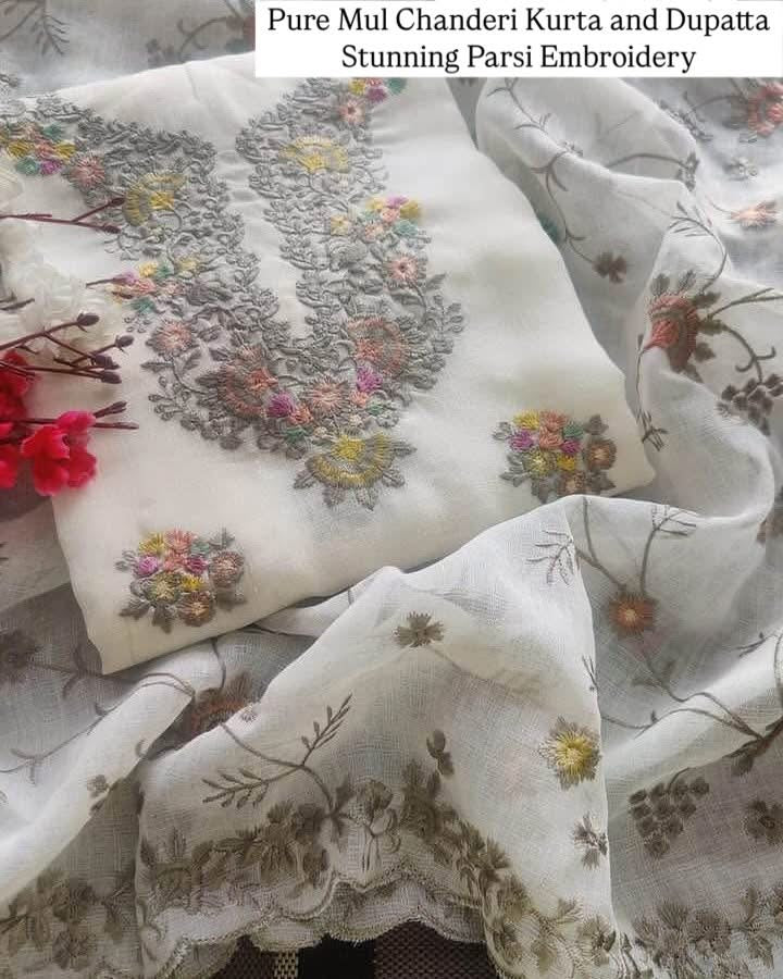 PURE MUL CHANDERI kurta AND Dupatta PARSI GARA with STUNNING ZARI DETAILING UNSTITCHED SUIT CH54235 Ivory