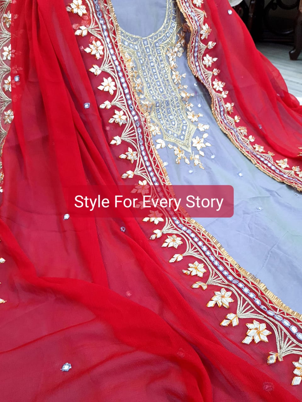 ATHARVA Hand Embroidered Salwar Kameez w/Bottle English Grey n Red Chanderi Shirt/Gota Pati Chiffon Dupatta/Custom Stitch Unstitch/Custom Anarkali/CH18012
