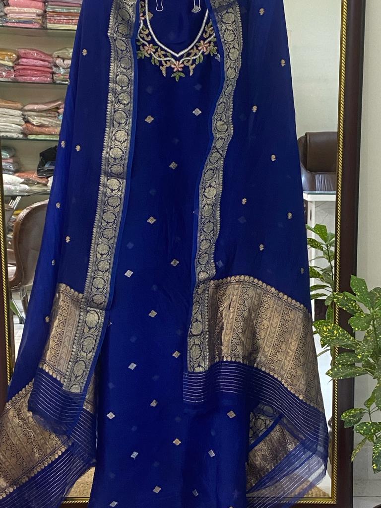 Husn Electric Blue kora silk hand embroidered suit set KS001