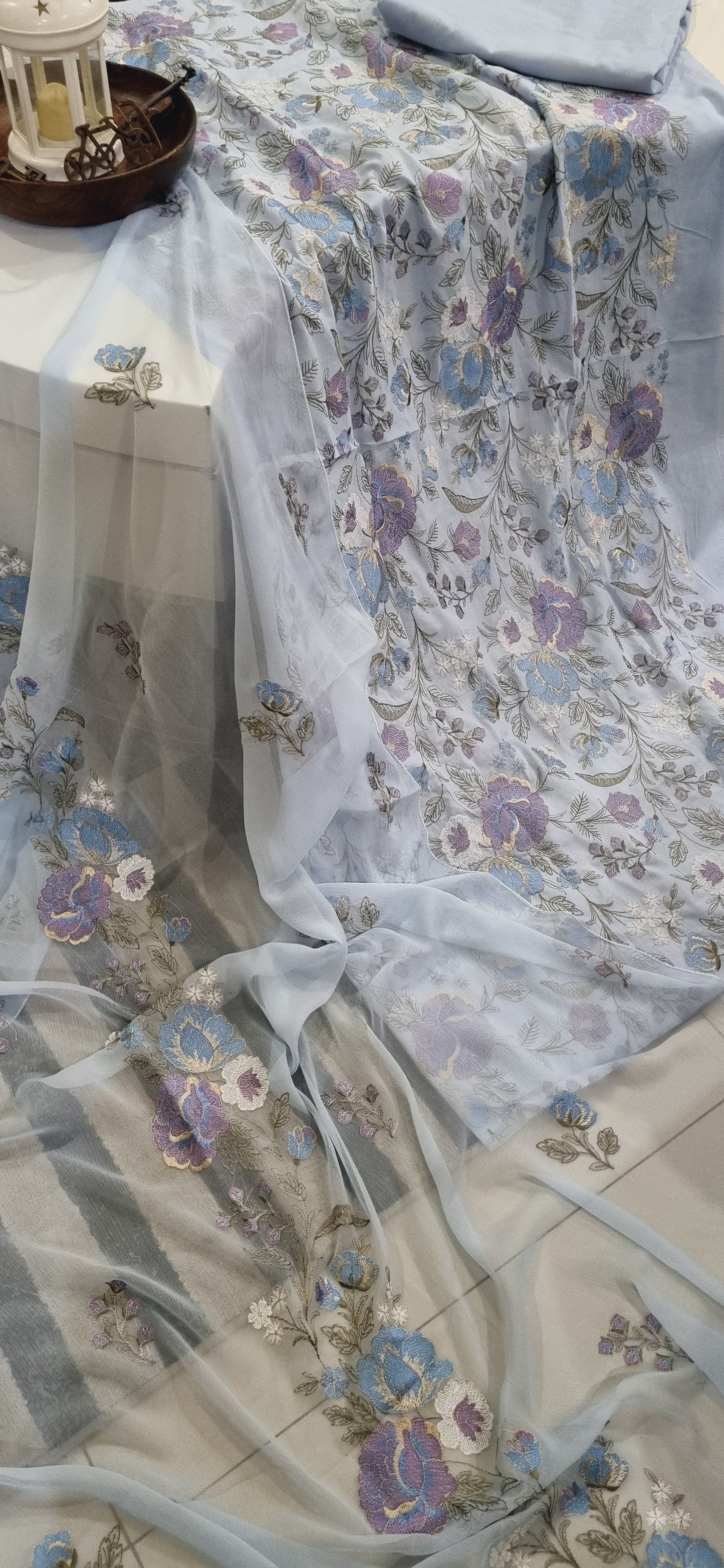 Pure Mul Chanderi Kurta/Pure Chiffon Dupatta / French Thread Embroidered SUIT CHO00162 Grey