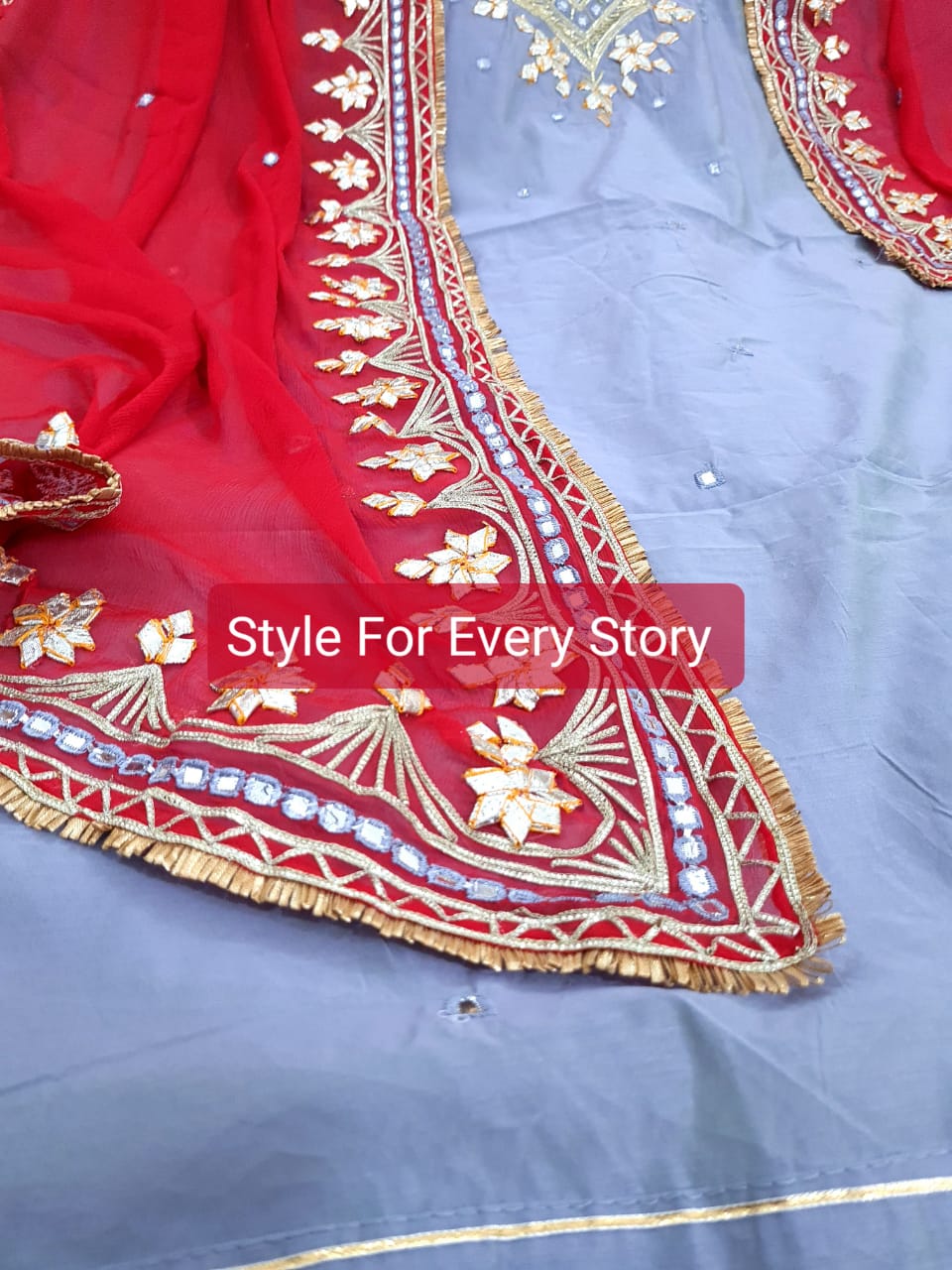 ATHARVA Hand Embroidered Salwar Kameez w/Bottle English Grey n Red Chanderi Shirt/Gota Pati Chiffon Dupatta/Custom Stitch Unstitch/Custom Anarkali/CH18012
