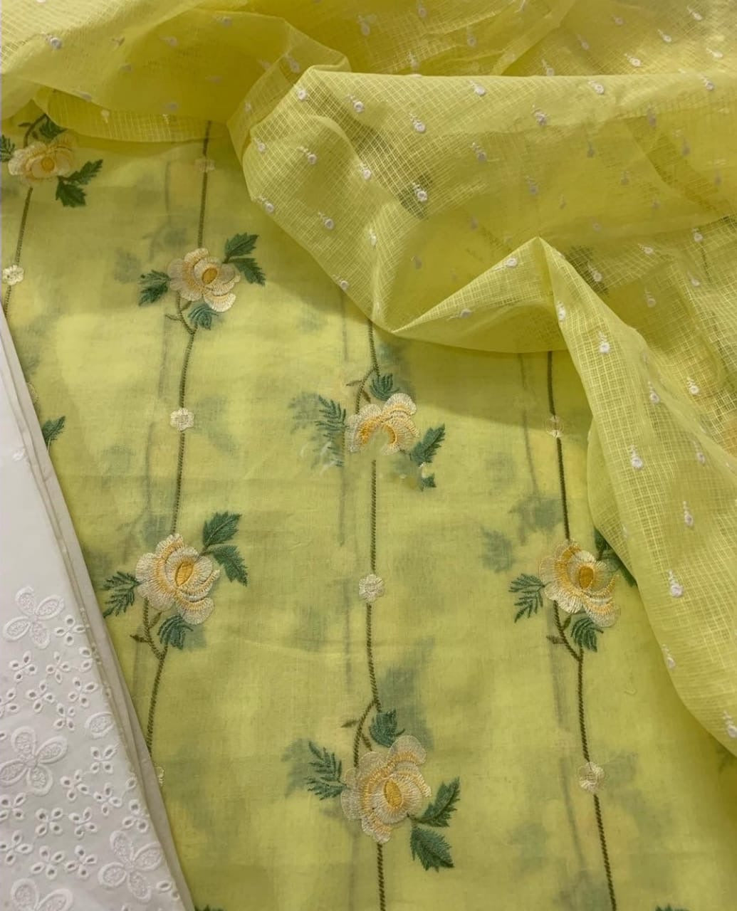 Atharva Embroidered Cotton Salwar Kameez/Embroidery Kota Dupatta /Cotton Embroidery Shirt/Cotton Chikankari Bottom- CK006 Yellow Green