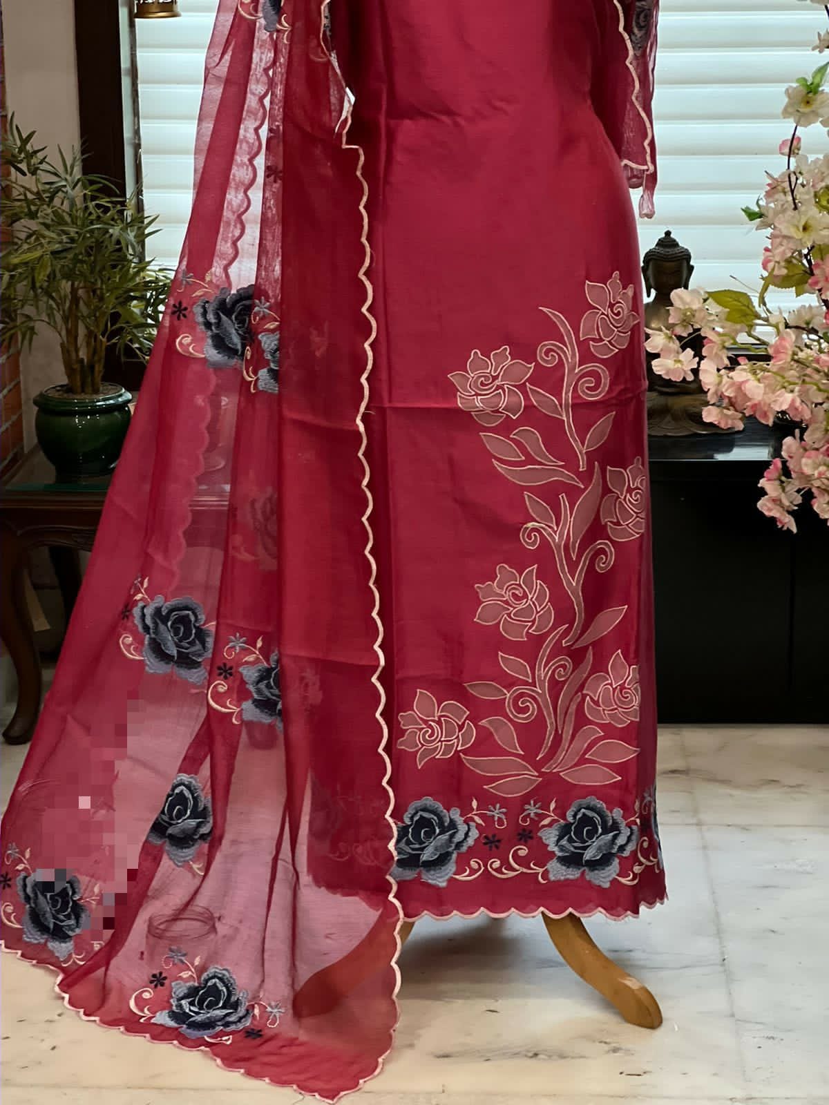 ATHARVA Hand Embroidery Salwar Kameez/Chanderi Cut-Work Shirt & Dupatta/Santoon Bottom/RED/Custom Stitch Unstitch/Plazo/Pant/CUT8099