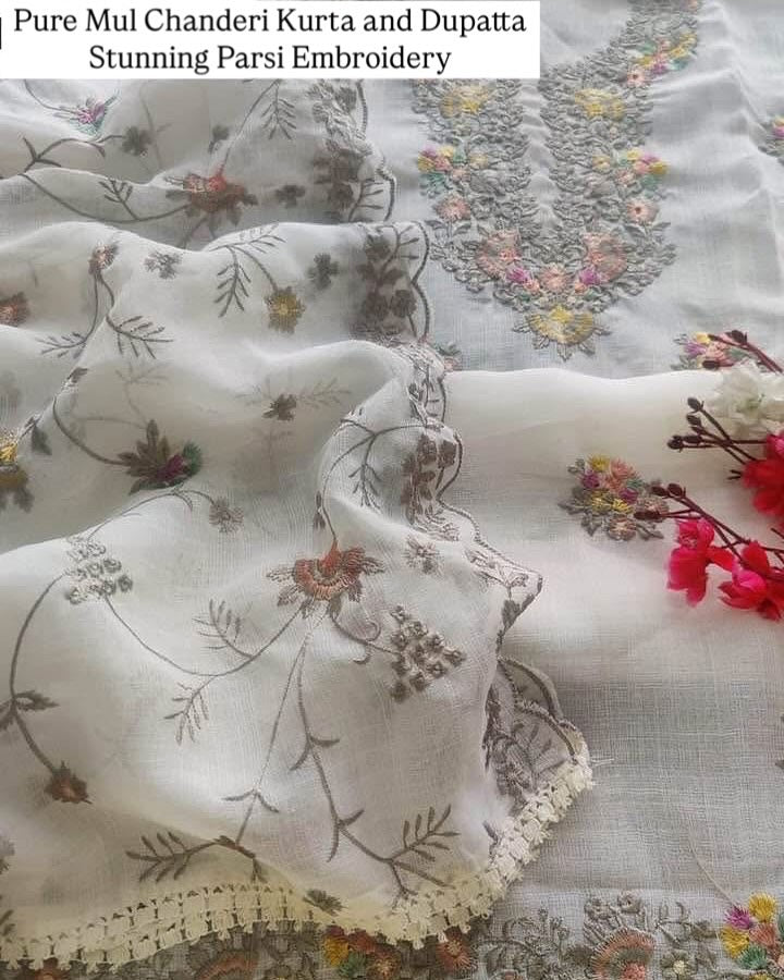PURE MUL CHANDERI kurta AND Dupatta PARSI GARA with STUNNING ZARI DETAILING UNSTITCHED SUIT CH54235 Ivory