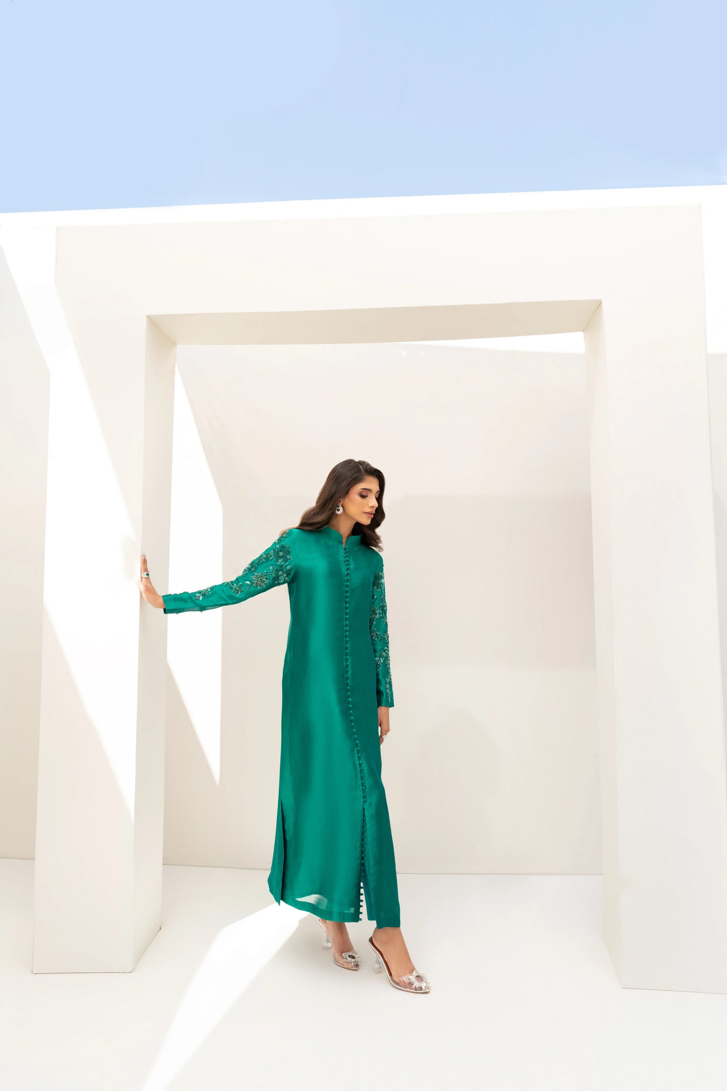 Enchanting Elegance: Pure Satin Silk 80 Grams Pakistani jacket Suits Adorned with Exquisite Hand embroidered Embroidery CO005