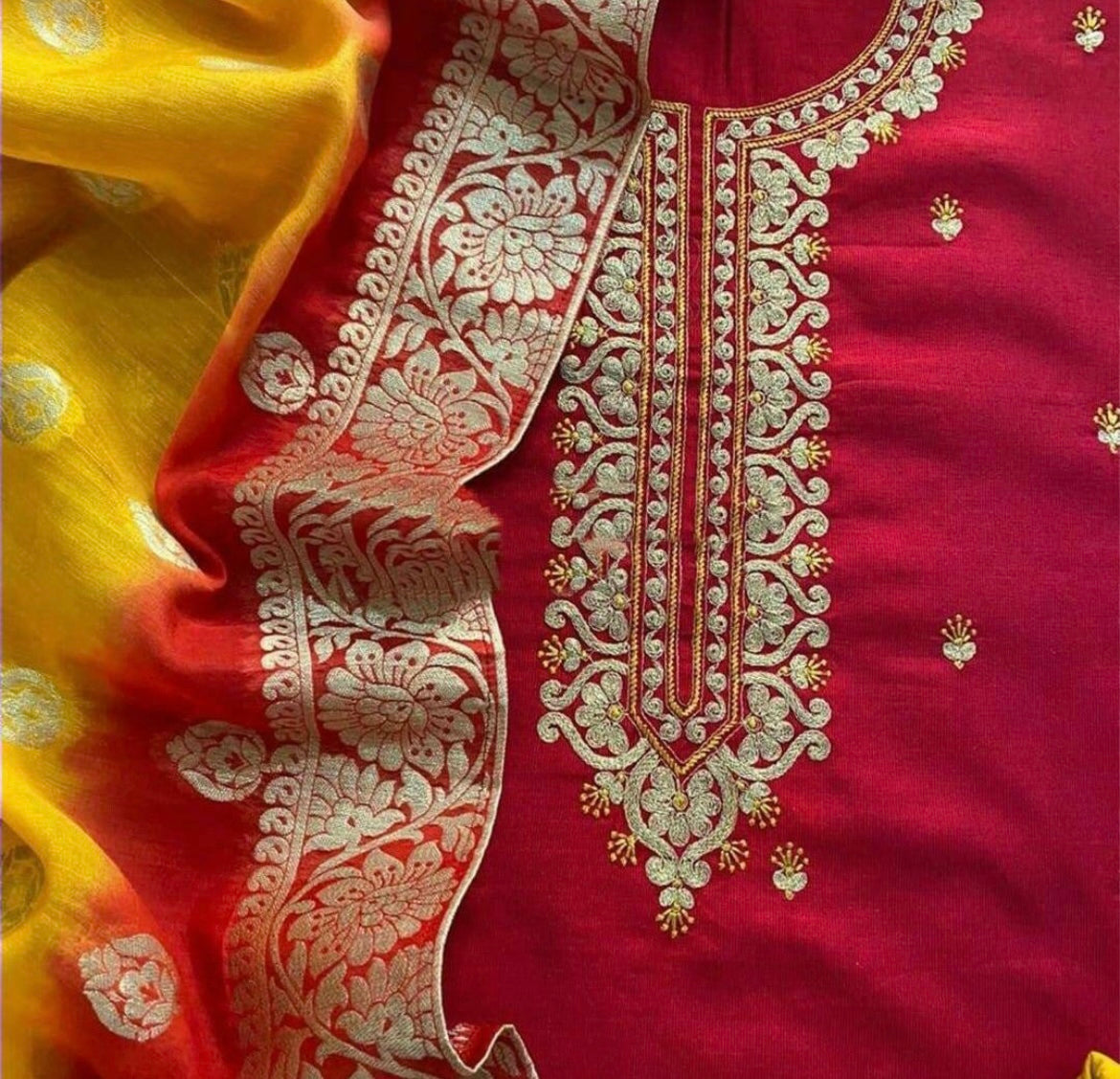 ATHARVA Embroidery Salwar Kameez w/pure Chanderi Silk Embroidery Neck Reds w/Banarsi Silk Dupatta/Custom Stitch/Tunic/Patiala/Churridar/SA2001