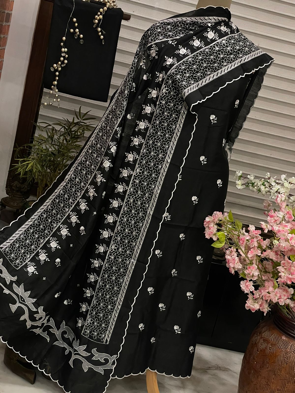 PURE CHANDER SILK PARSI GARA SUIT with Cutwork on width CH5417 Black and white