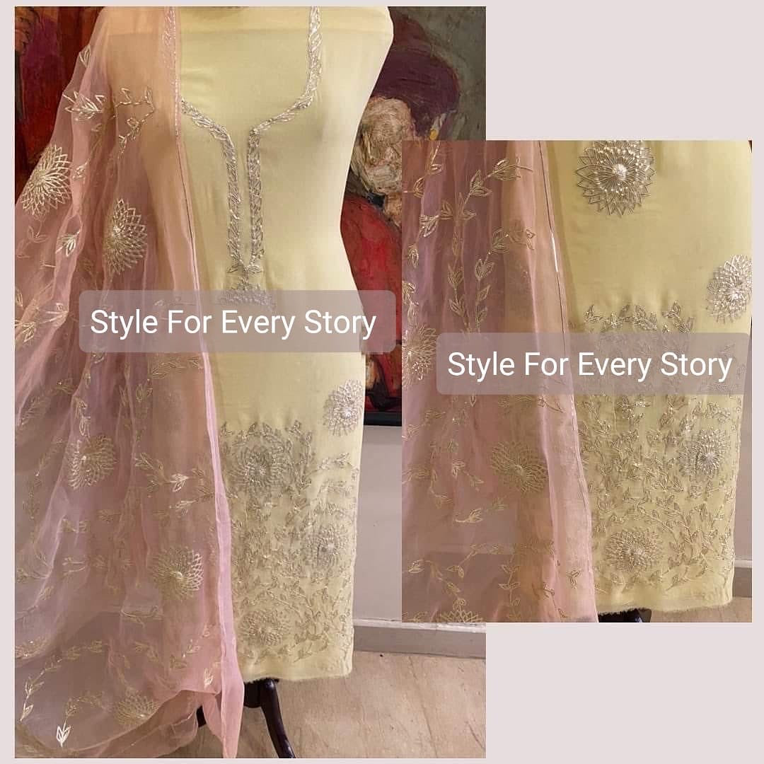 Atharva Heritage "Ombré Elegance in every stitch: Embrace the timeless beauty of Pure Georgette Gota suit paired with a delicate Georgette Gota Embroidered Dupatta." GE0056 Pastel yellow n Pink