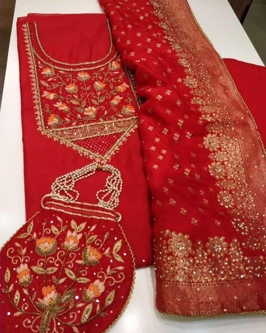 ATHARVA Hand Embroidery Salwar Kameez/Chanderi Ladies Suit/Banarsi Silk Dupatta/Stones/Custom Stitch Unstitch/Embroidery Potli/Gift/CH1696R