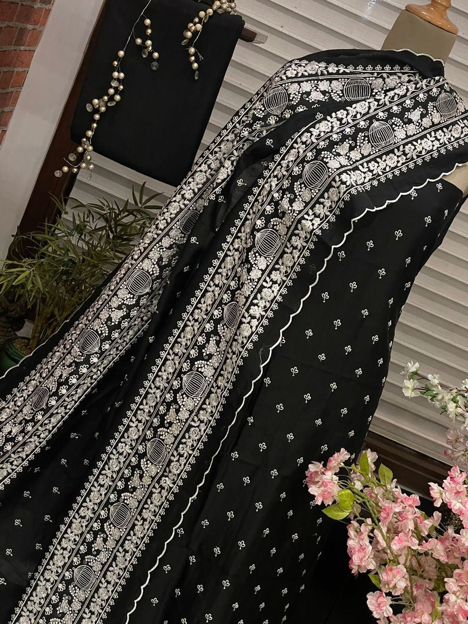 PURE CHANDER SILK PARSI GARA SUIT with Cutwork on width CH5417 Black and white