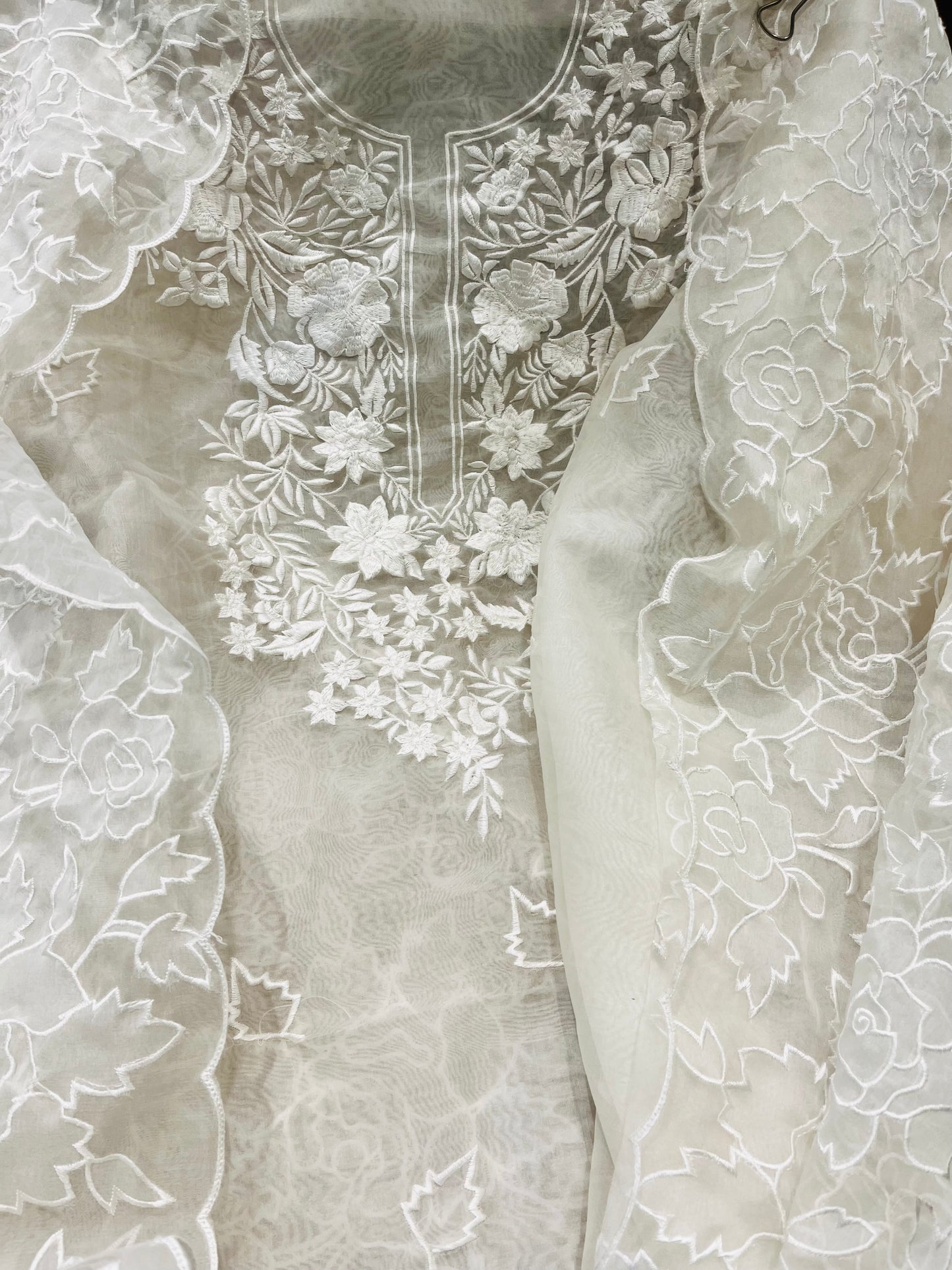 SHEER LUXURY PURE SILK ORGANZA PARSI APPLIQUE SUIT SHEER0030(H) Pearl White
