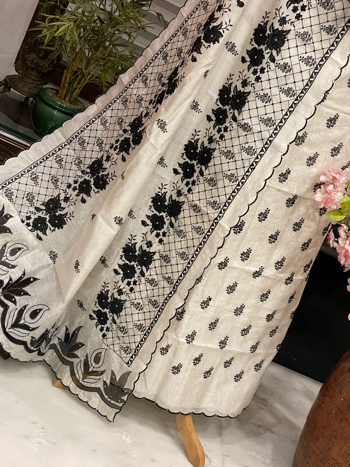 PURE CHANDER SILK PARSI GARA SUIT with Cutwork on width CH5416 Black and white