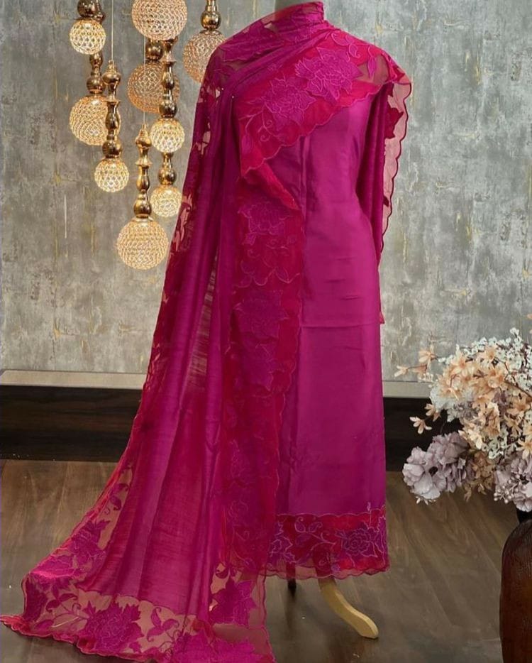 ATHARVA Hand Embroidery Salwar Kameez/Chanderi Cut-Work Shirt & Dupatta/Santoon Bottom/Custom Stitch Unstitch/Plazo/Pant/ CUT8021