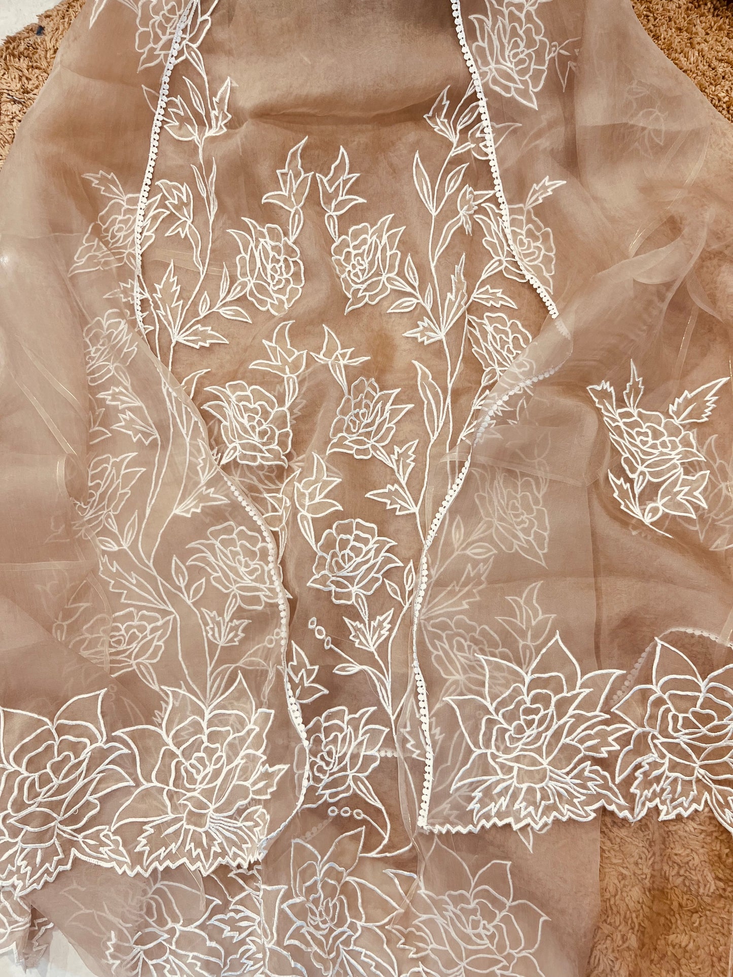 Atharva Heritage SHEER LUXURY PURE SILK ORGANZA APPLIQUE Unstitched SUIT SHEER001(Brown)