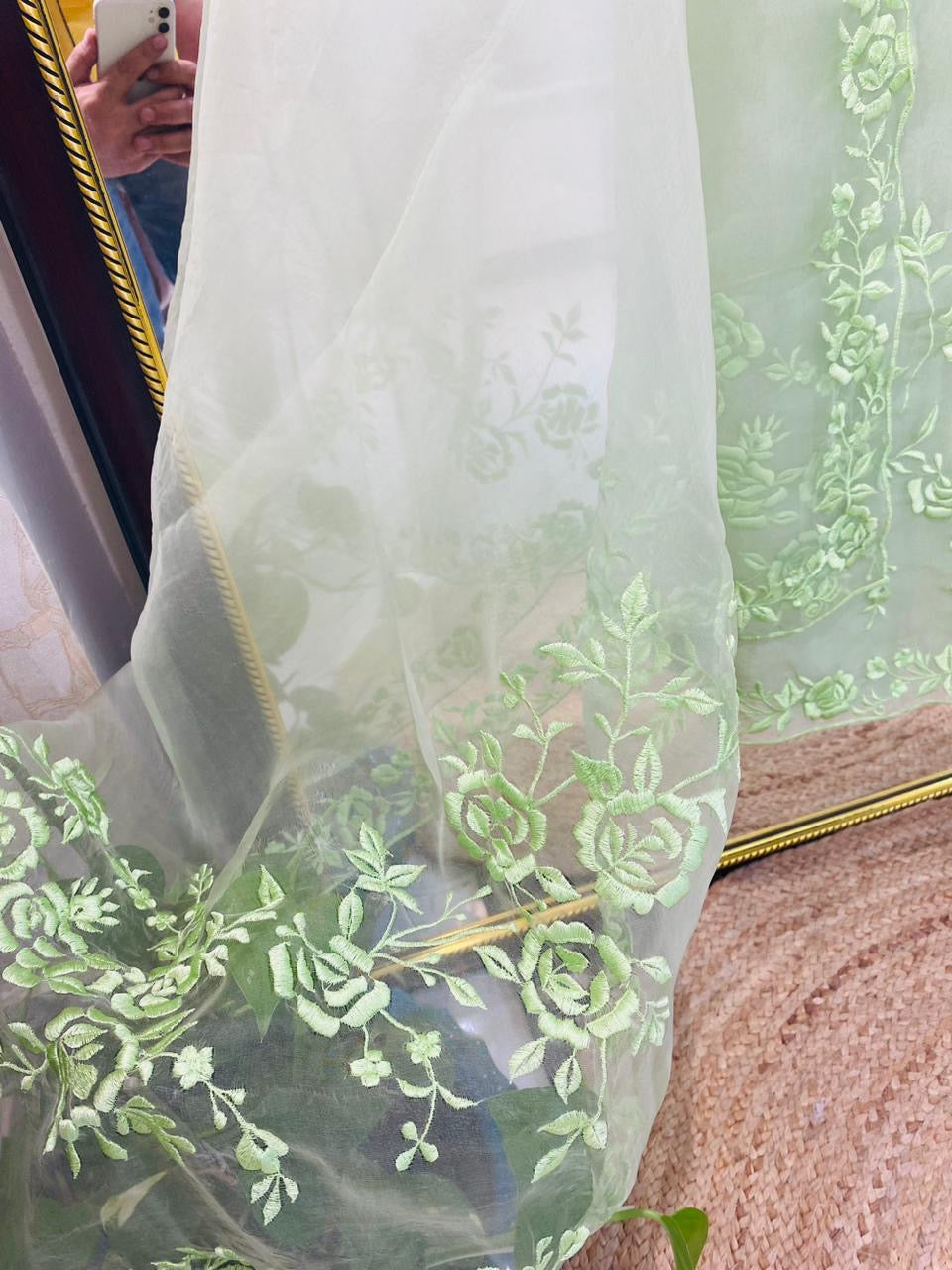 SHEER LUXURY Pure Silk Organza French Thread Embroidery SUIT SHEER007P Pastel Pear Color