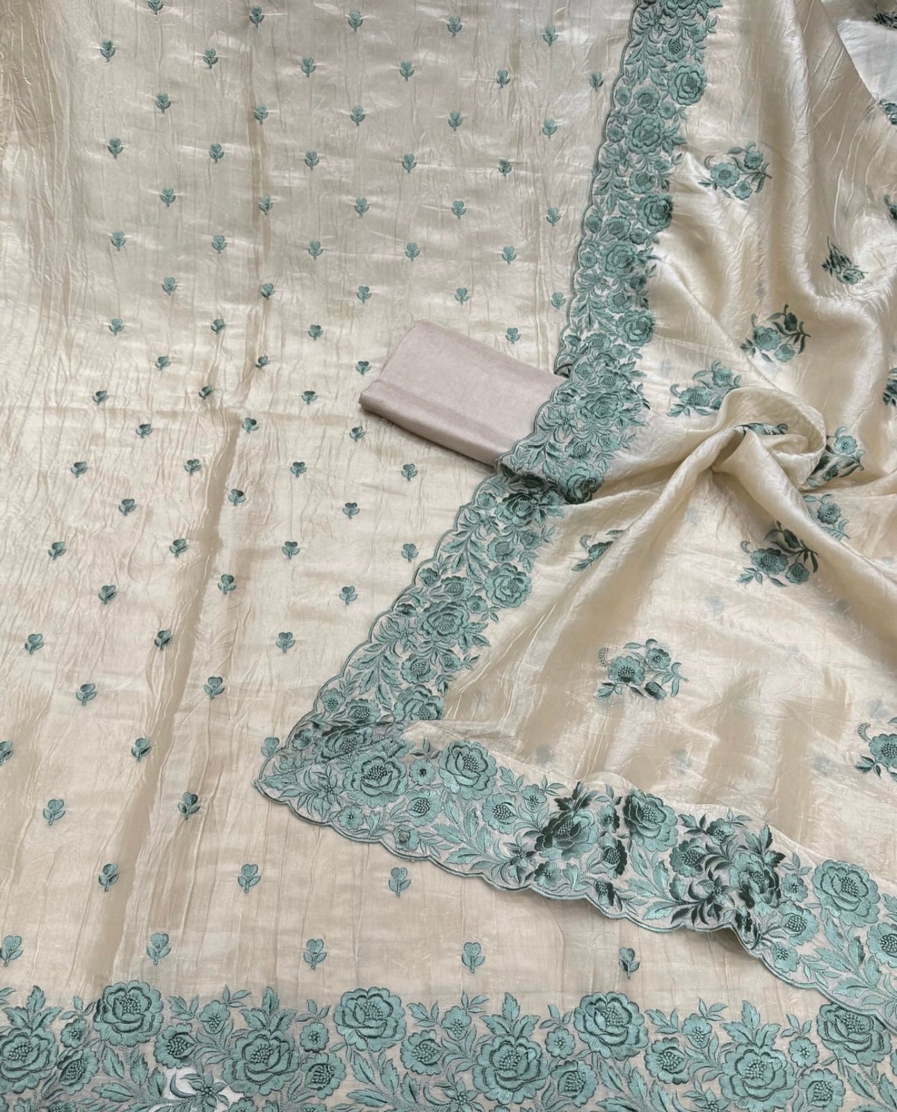 PURE MUL CHANDERI kurta AND Dupatta PARSI GARA UNSTITCHED SUIT CH54236 Ivory and Dusty Blue