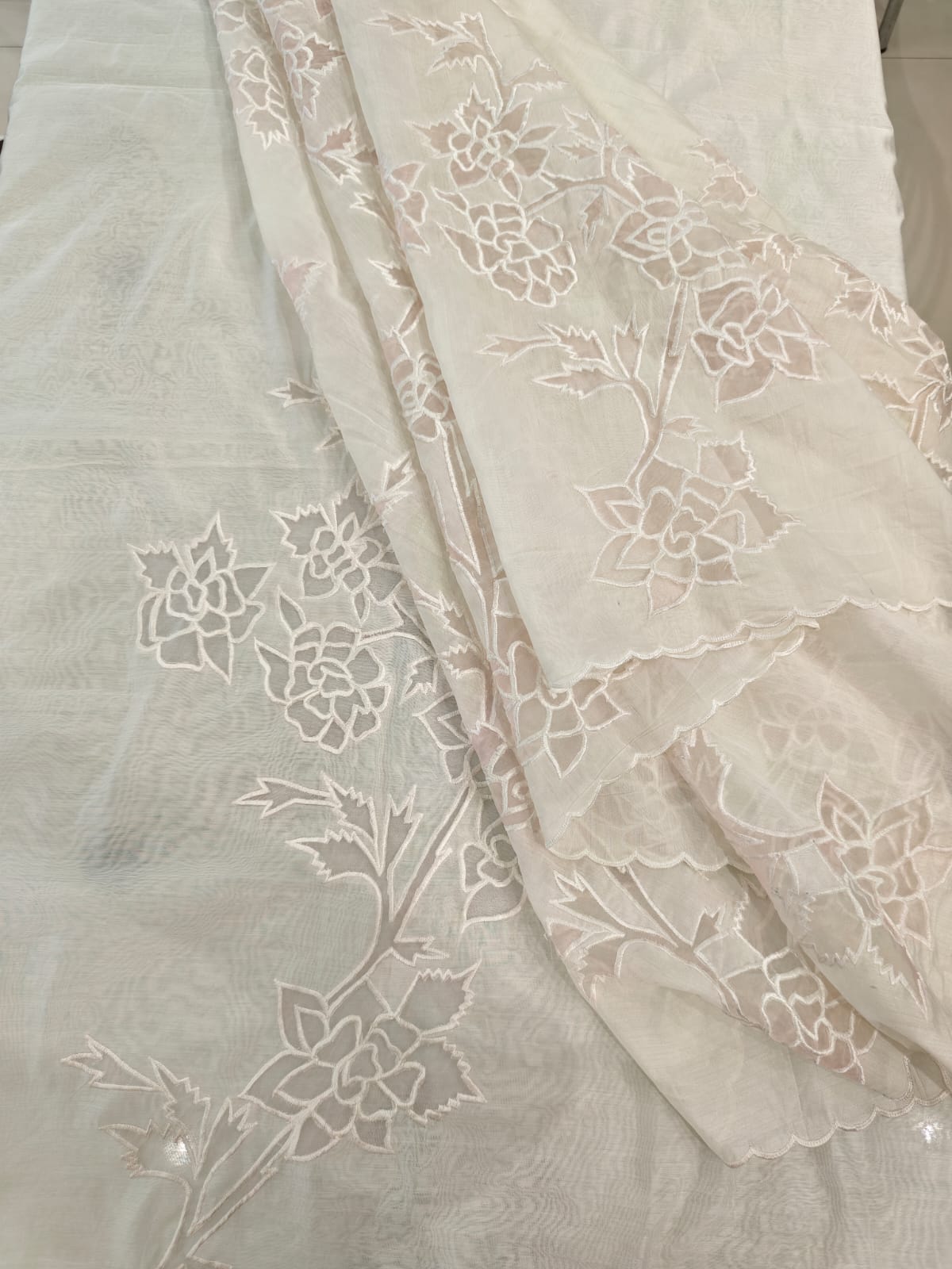 ATHARVA Hand Applique /Cutwork Embroidery Salwar Kameez/pure Mul Chanderi Shirt & Dupatta/Santoon Bottom/Custom Stitch Unstitch/Plazo/Pant/ CUT8055 IVORY