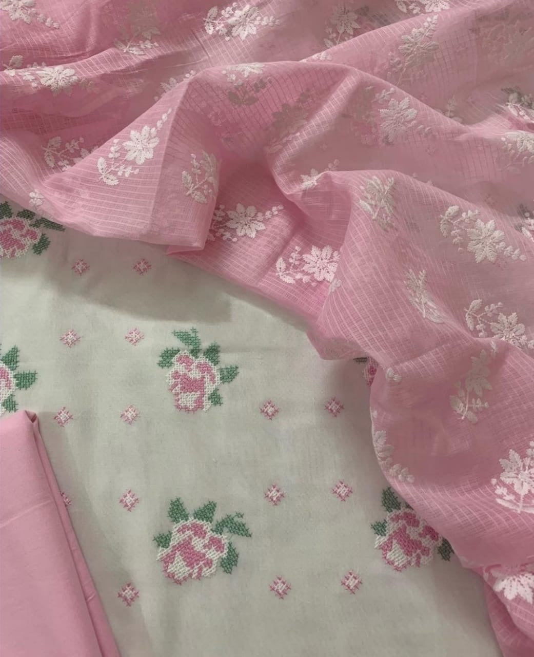 Atharva Embroidered Cotton Salwar Kameez/Embroidery Kota Dupatta Pink/Cotton Embroidery Shirt white/Cotton Chikankari Bottom- CK005