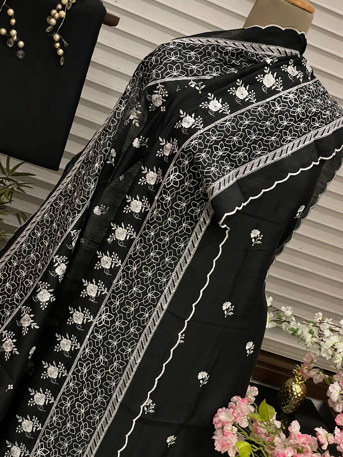 PURE CHANDER SILK PARSI GARA SUIT with Cutwork on width CH5417 Black and white