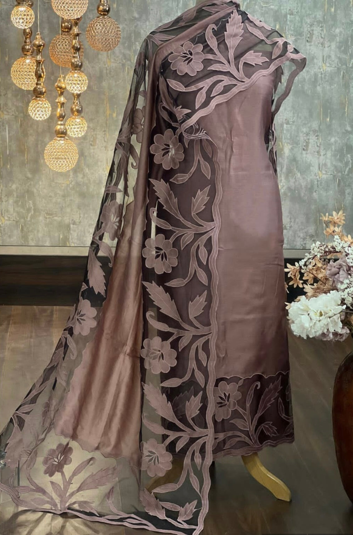 ATHARVA Cut-Work Embroidery Salwar Kameez/Grayish Blue & Brown Chanderi/Custom Stitch Unstitch/Anarkali/Plazzo/Churridar/Gift/Colors/CUT8037