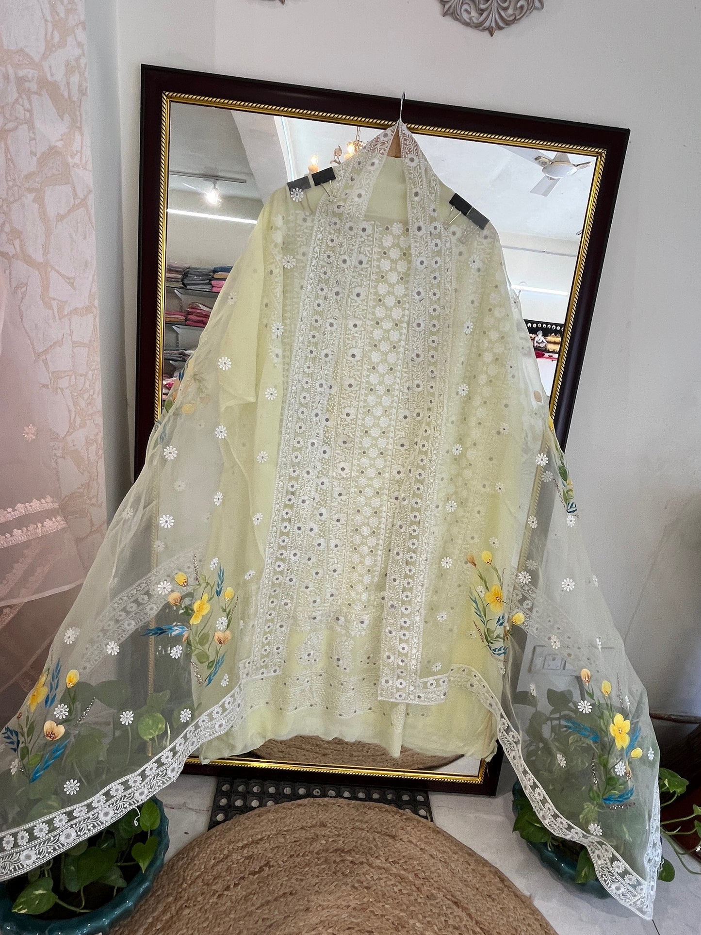 ATHARVA Hand Embroidery Salwar Kameez/Georgette/yellow/hand painted / lucknowi Emb/Custom Stitch/Churidar/Anarkali/Plazo/GE9098