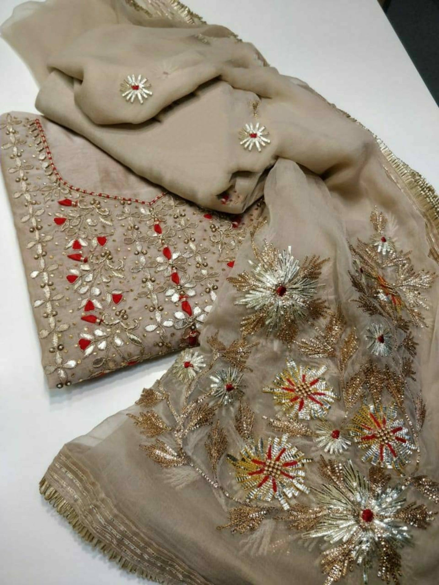 ATHARVA Hand Embroidery Salwar Kameez /Chiffon Dupatta With Stunning Gota & Trim/Custom Stitch Unstitch/Gift/Patiala/Anarkali/Churridar/CH17320 Beige