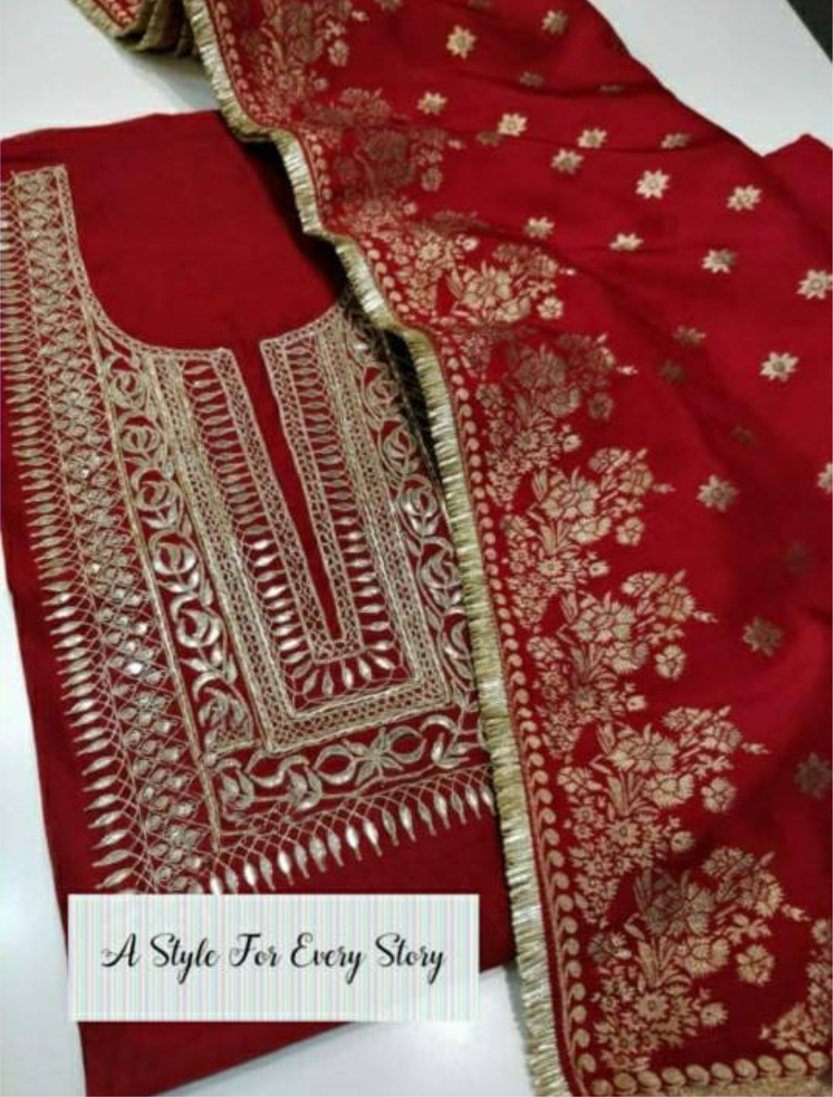ATHARVA Hand Embroidered Salwar Kameez w/ Embroidered Neck Reds/Banarsi Silk Dupatta/Bridal/Wedding/Custom Stitch/ CH1278