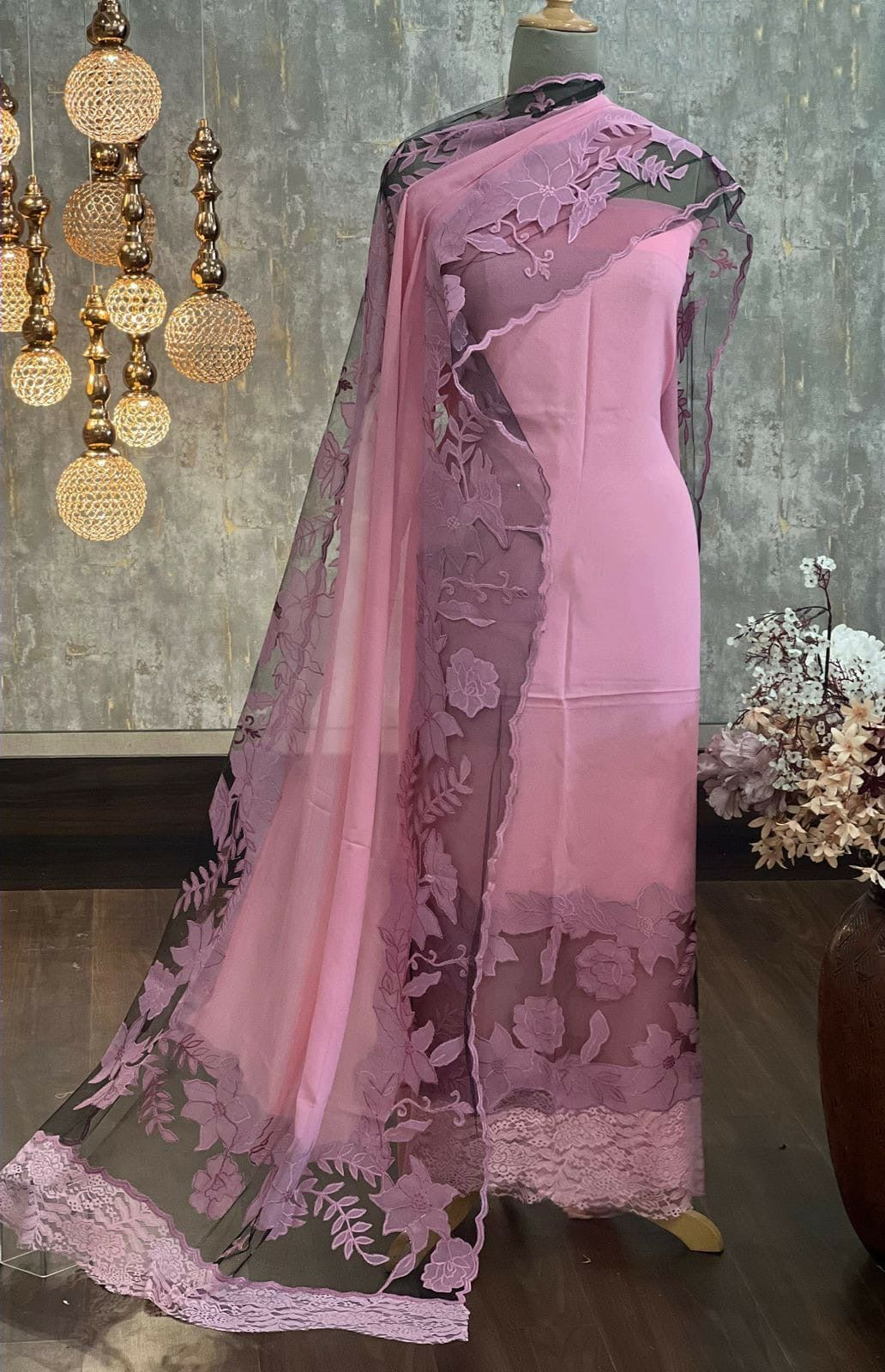 ATHARVA Hand Embroidery Salwar Kameez/Georgeete Cut-Work/Applique Shirt & Dupatta/Santoon Bottom/Custom Stitch Unstitch/Plazo/Pant/ CUT8047(B) Pink